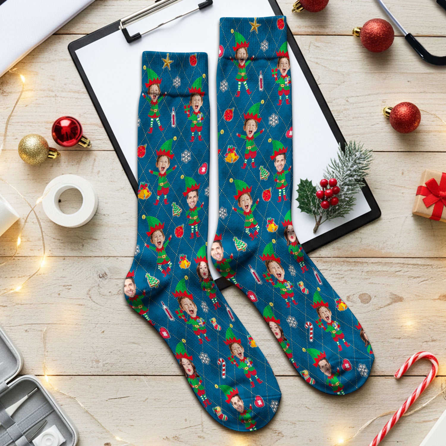Personalized Face Nurse Sock, Custom Photo Christmas Scrub Socks, Funny Holiday Medical Uniform For Nursing