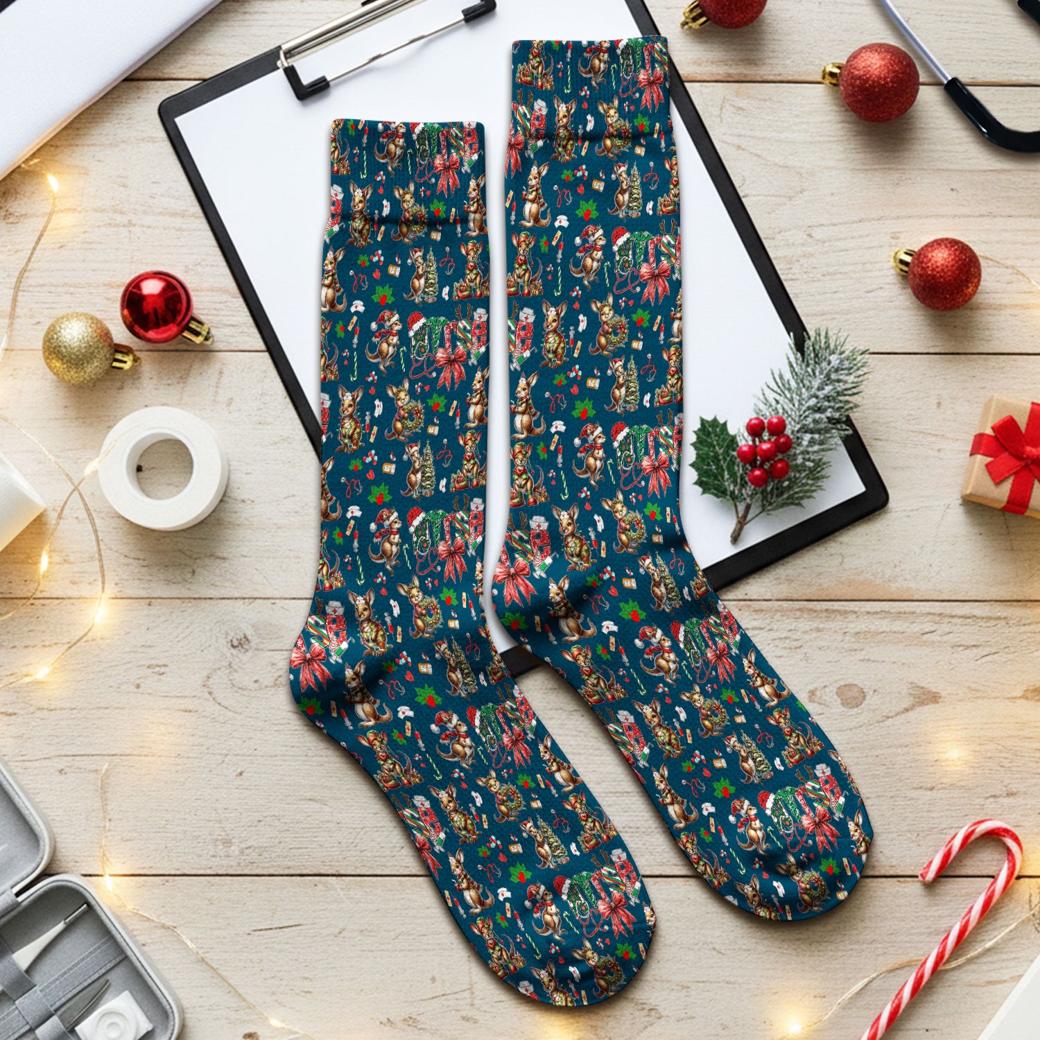 Whimsical Kangaroo Christmas Scrub Socks – Festive Australian Animals Holiday Pattern – Cute Medical Uniform for Nurses, Vets & Healthcare Workers