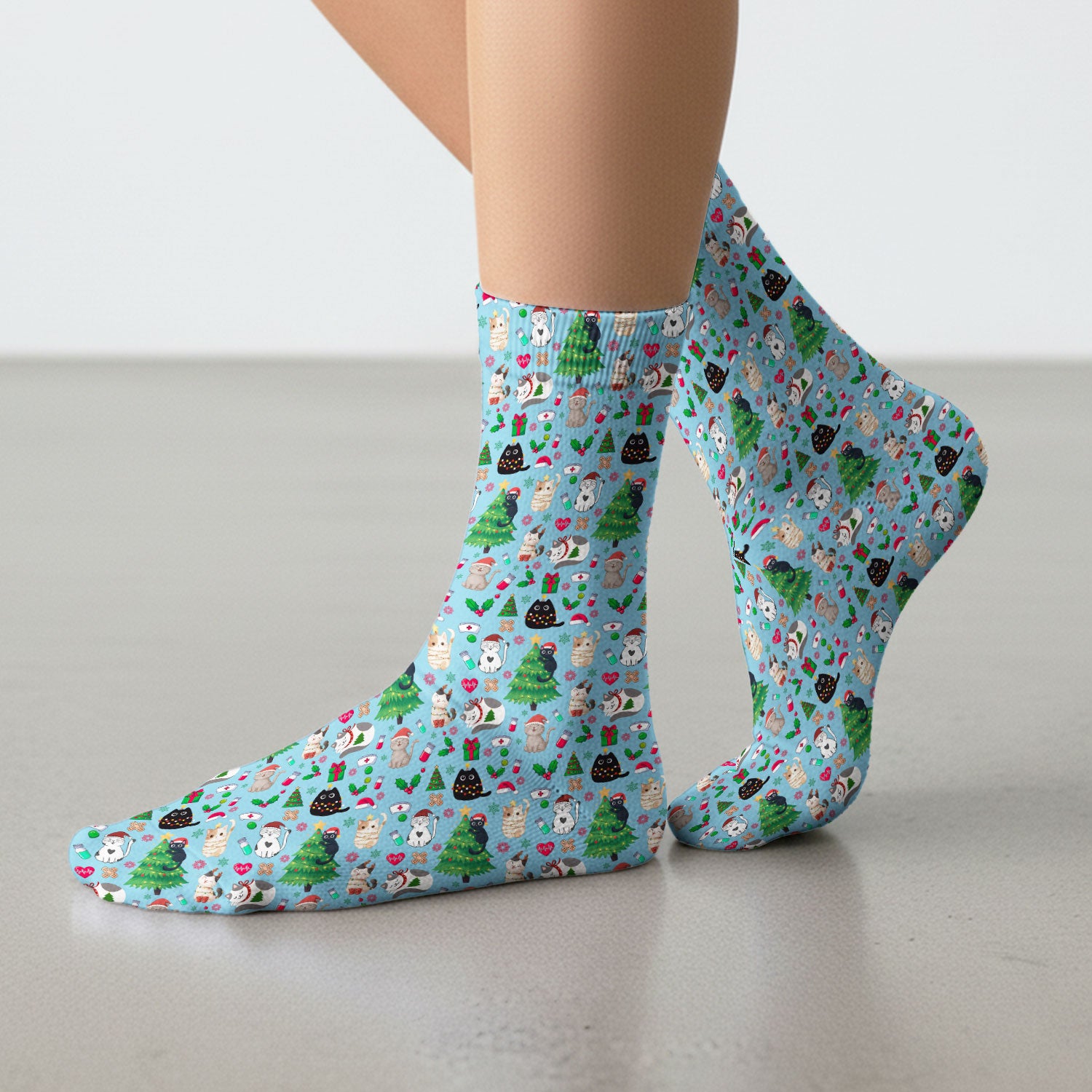 Christmas Cat Scrub Socks, Xmas Pet Pattern Scrub Sock, Breathable Fabrics Nursing Uniform