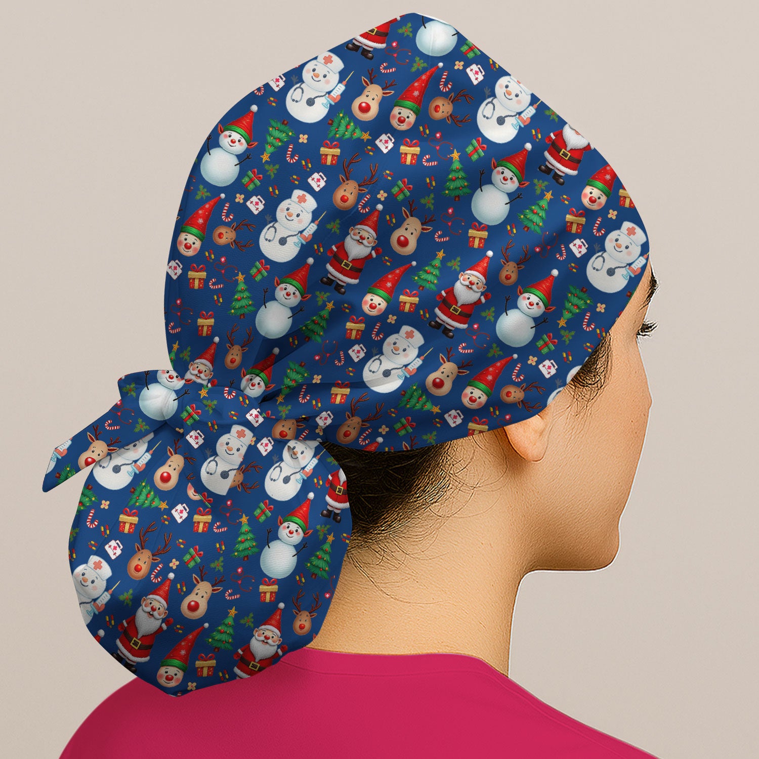 Christmas Bouffant Scrub Caps for Women - Cute Snowman Reindeer Santa Surgical Caps for Doctors - Breathable Fabrics Caps Uniform