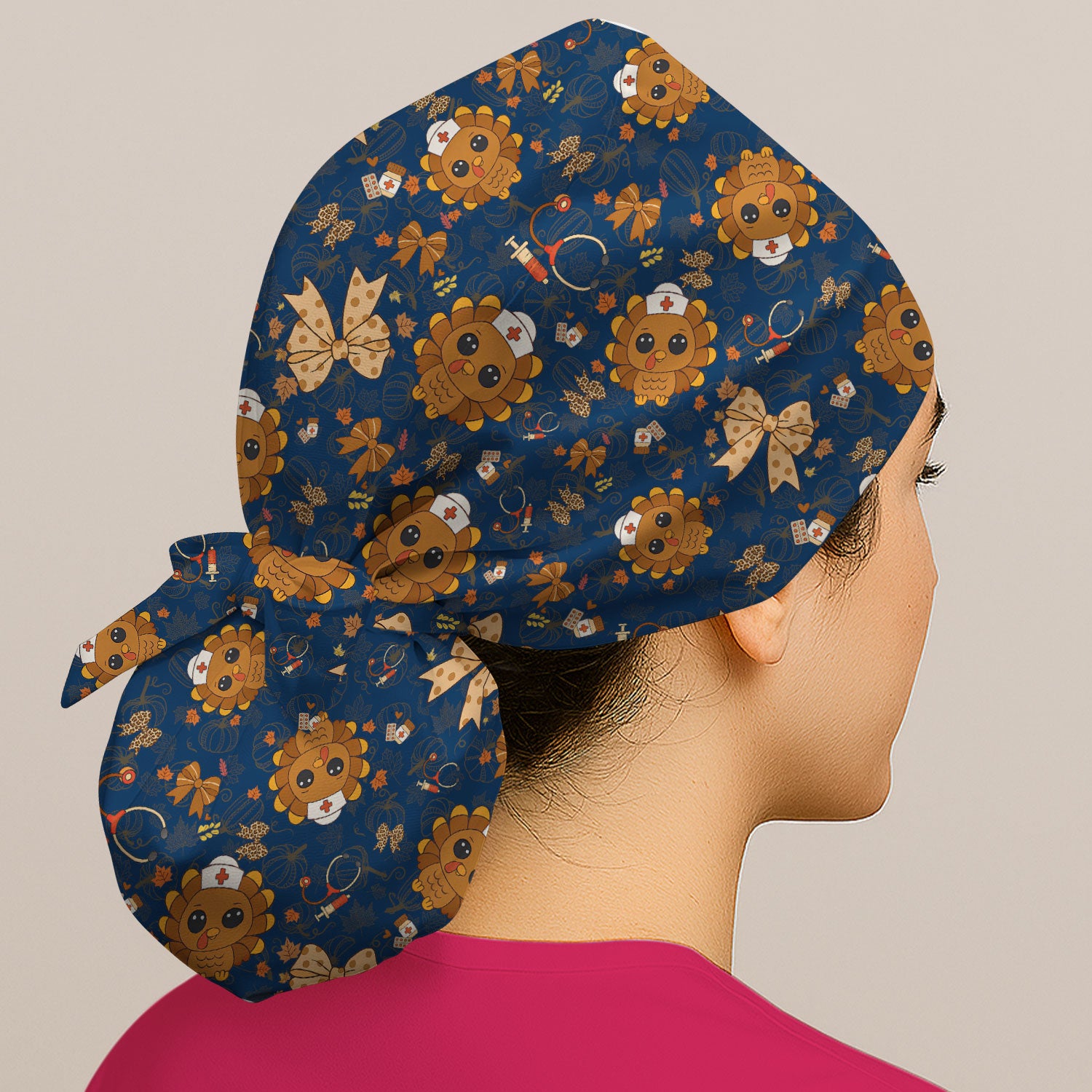 Thanksgiving Bouffant Scrub Caps for Women - Fall Leaves and Bow Holiday Nursing Gift - Breathable Fabrics Caps Uniform