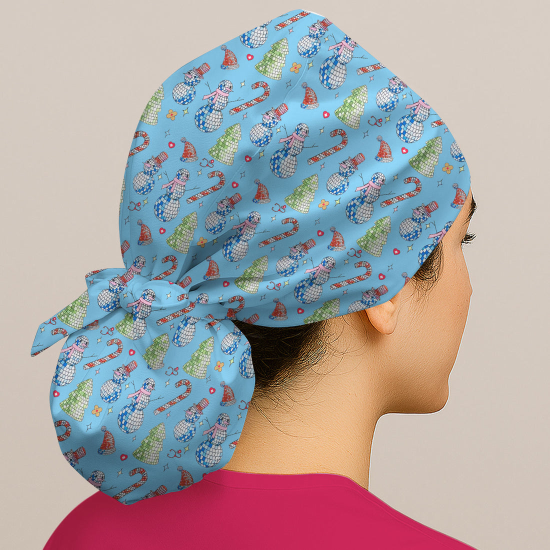 Funny Christmas Snowman Bouffant Scrub Caps for Women - Surgical Caps for Doctors - Breathable Fabrics Caps Uniform - Xmas Gift for RN LPN CNA