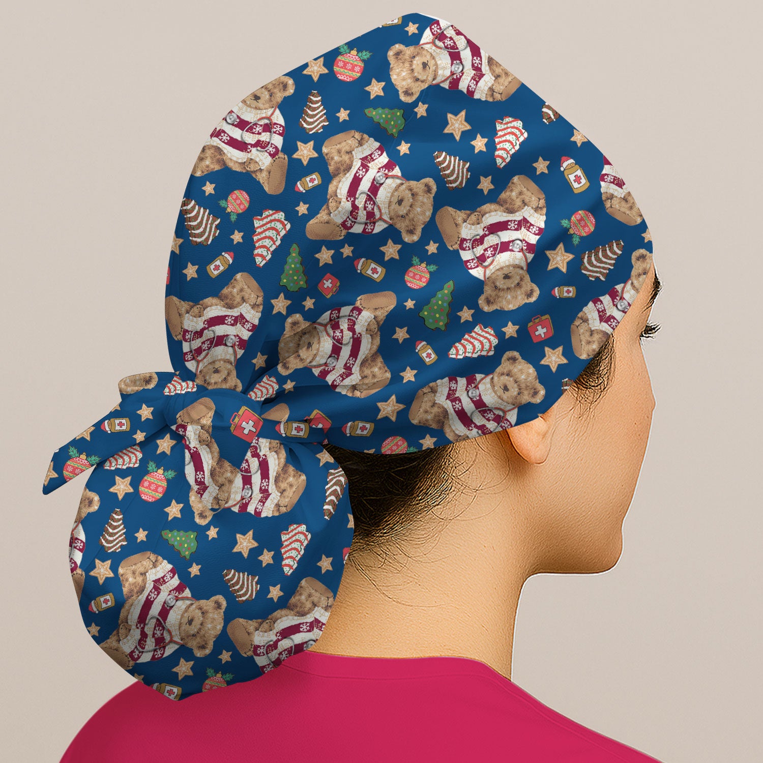 Teddy Bear Christmas Bouffant Scrub Caps for Women - Festive Holiday Nursing Gift - Breathable Fabrics Caps Uniform