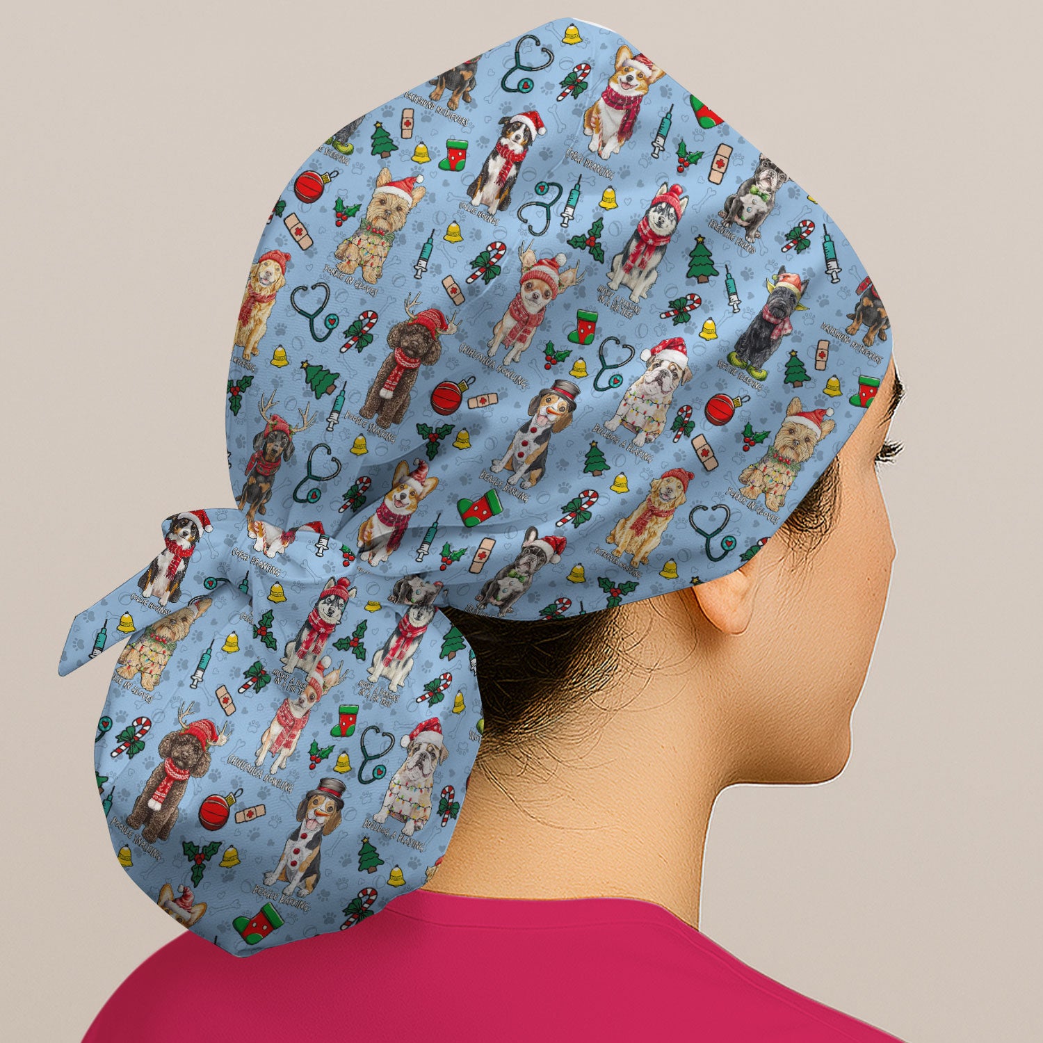 Cute Christmas Dog Bouffant Scrub Caps for Women - Corgi, Dachshund, Husky, Poodle & Labrador Surgical Caps for Doctors - Breathable Fabrics Caps Uniform