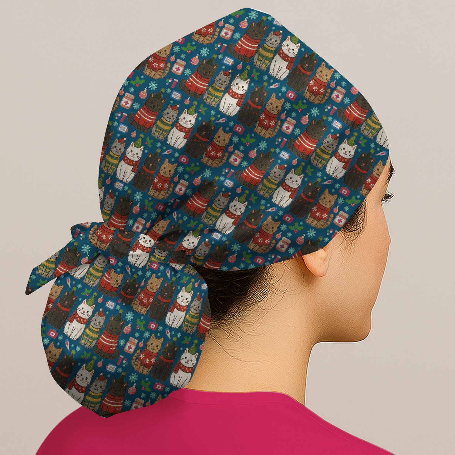 Christmas Cat Bouffant Scrub Cap For Women, Festive Hat for Nurses, Cute Cat Lover Gift For Her