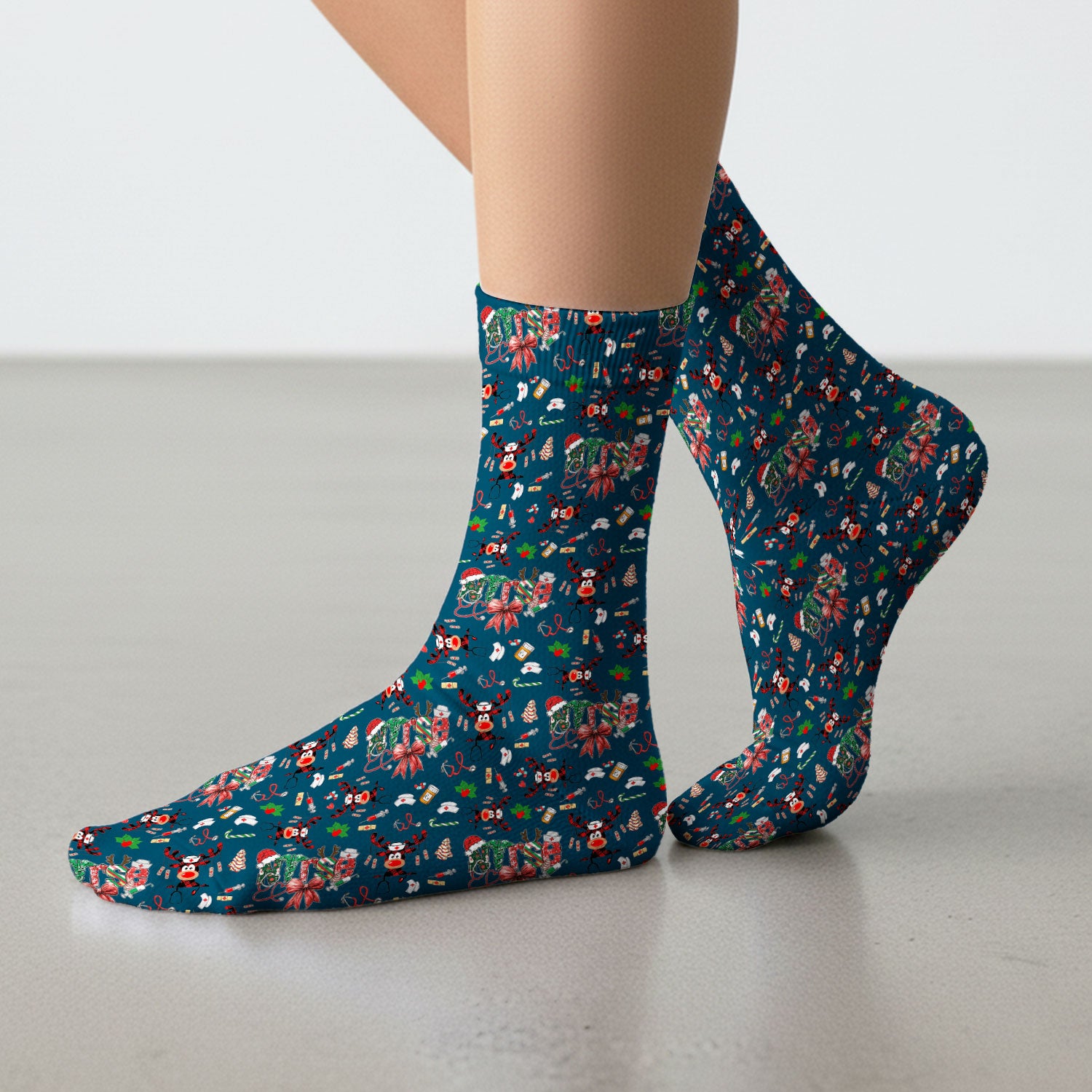 Whimsical Reindeer Christmas Scrub Socks – Festive Holiday Reindeer Pattern – Cute Medical Uniform for Nurses, Vets and Healthcare Workers