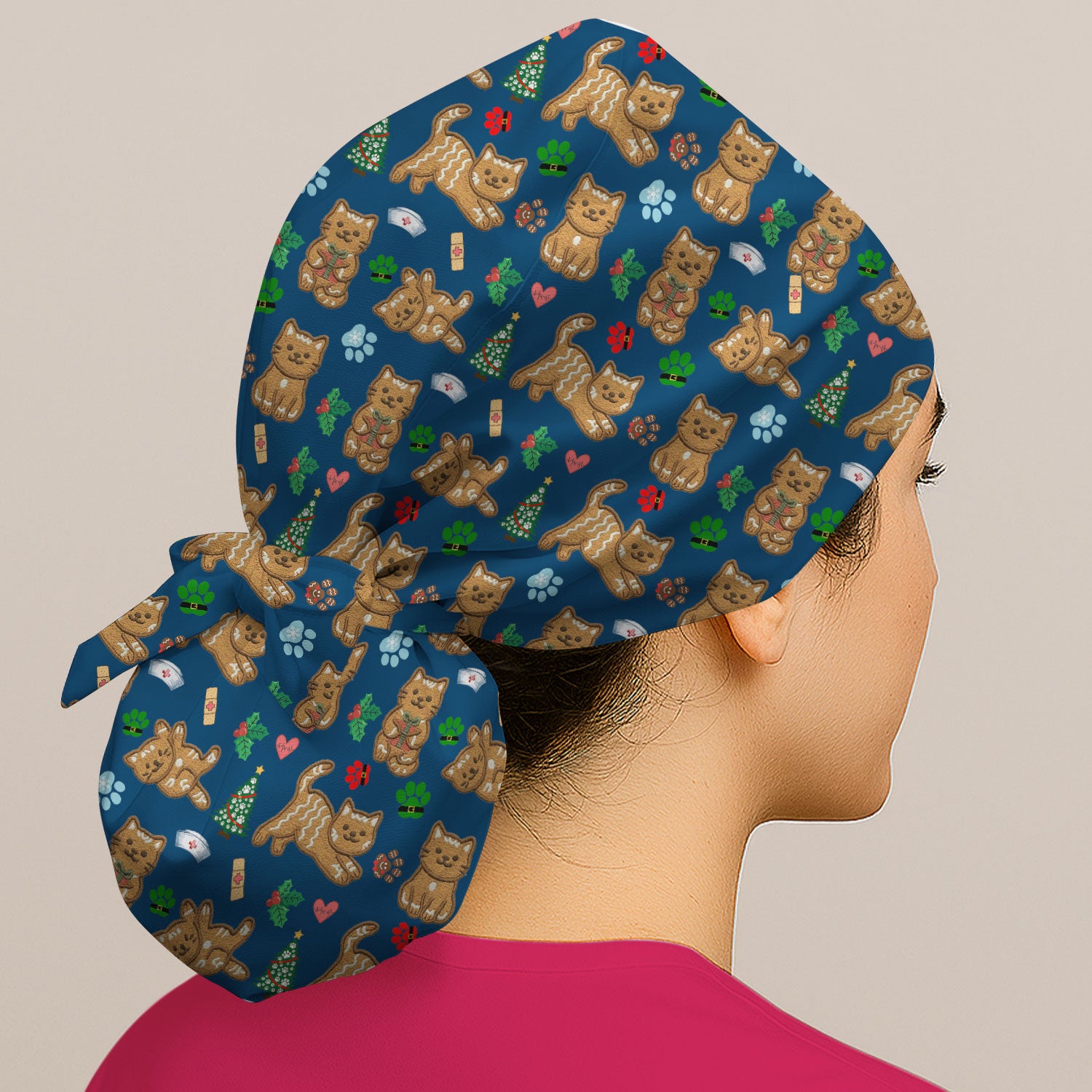Gingerbread Cat Christmas Scrub Cap, Cute Holiday Kitty Medical Uniform Hat For Nursing, Festive Nurse Pattern