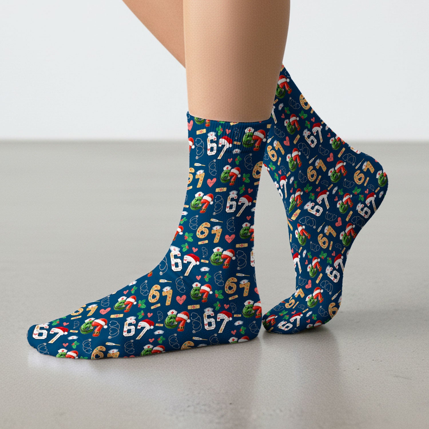 Christmas Nurse 67 Pattern Scrub Socks, Cute Holiday Medical Sock With Santa Hat, Uniform For Nursing