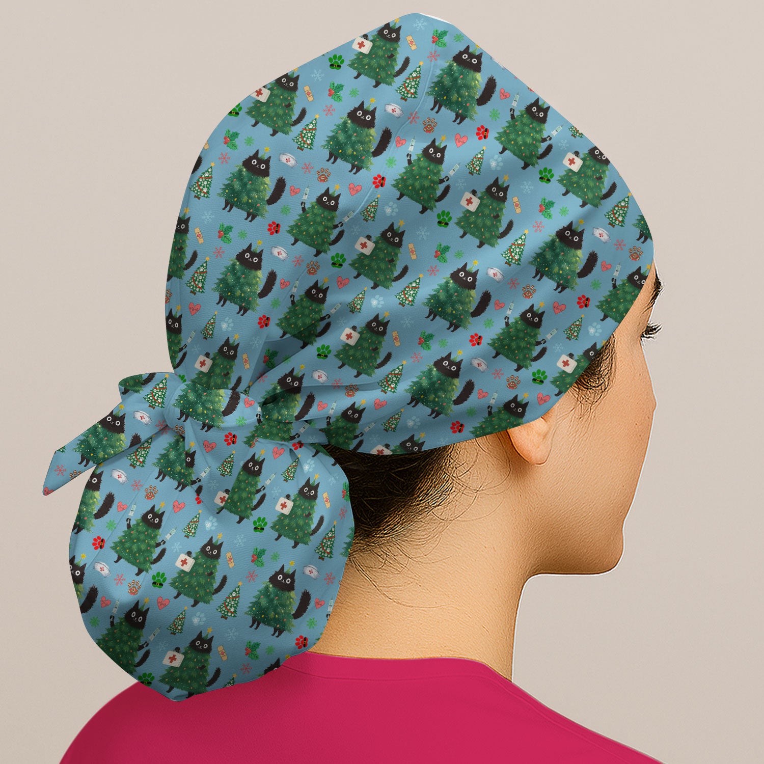 Christmas Nurse Scrub Cap, Xmas Black Cat Pattern Nurse Hat,  Breathable Fabrics Nursing Uniform