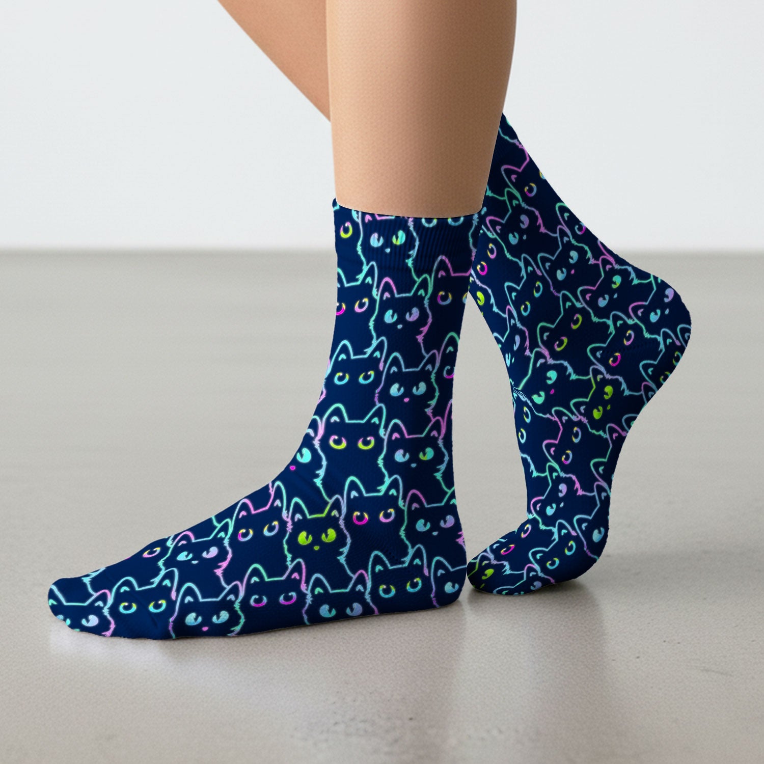 Neon Cat Pattern Scrub Socks, Black Cat Scrub Sock, Breathable Fabrics Nursing Uniform