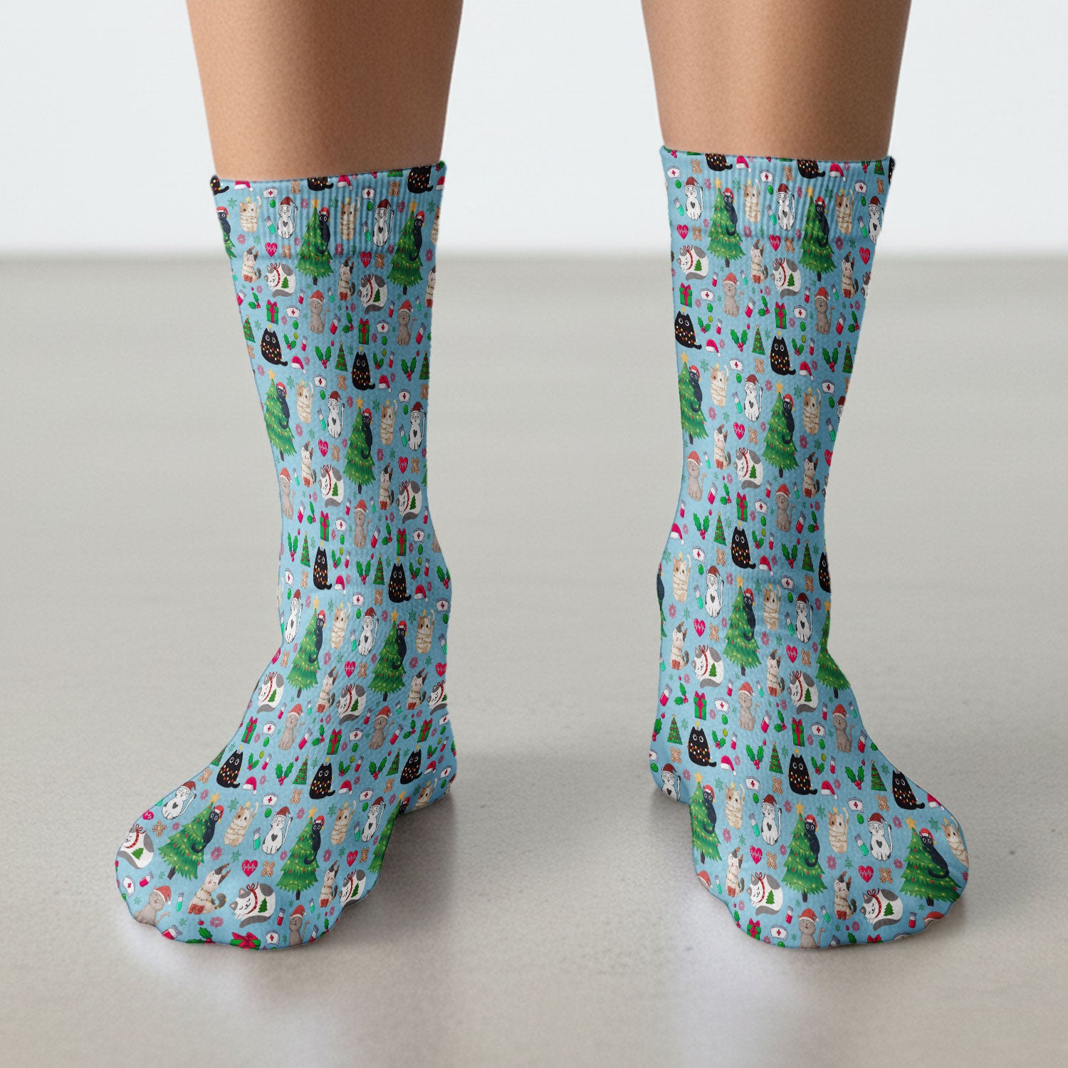 Christmas Cat Scrub Socks, Xmas Pet Pattern Scrub Sock, Breathable Fabrics Nursing Uniform
