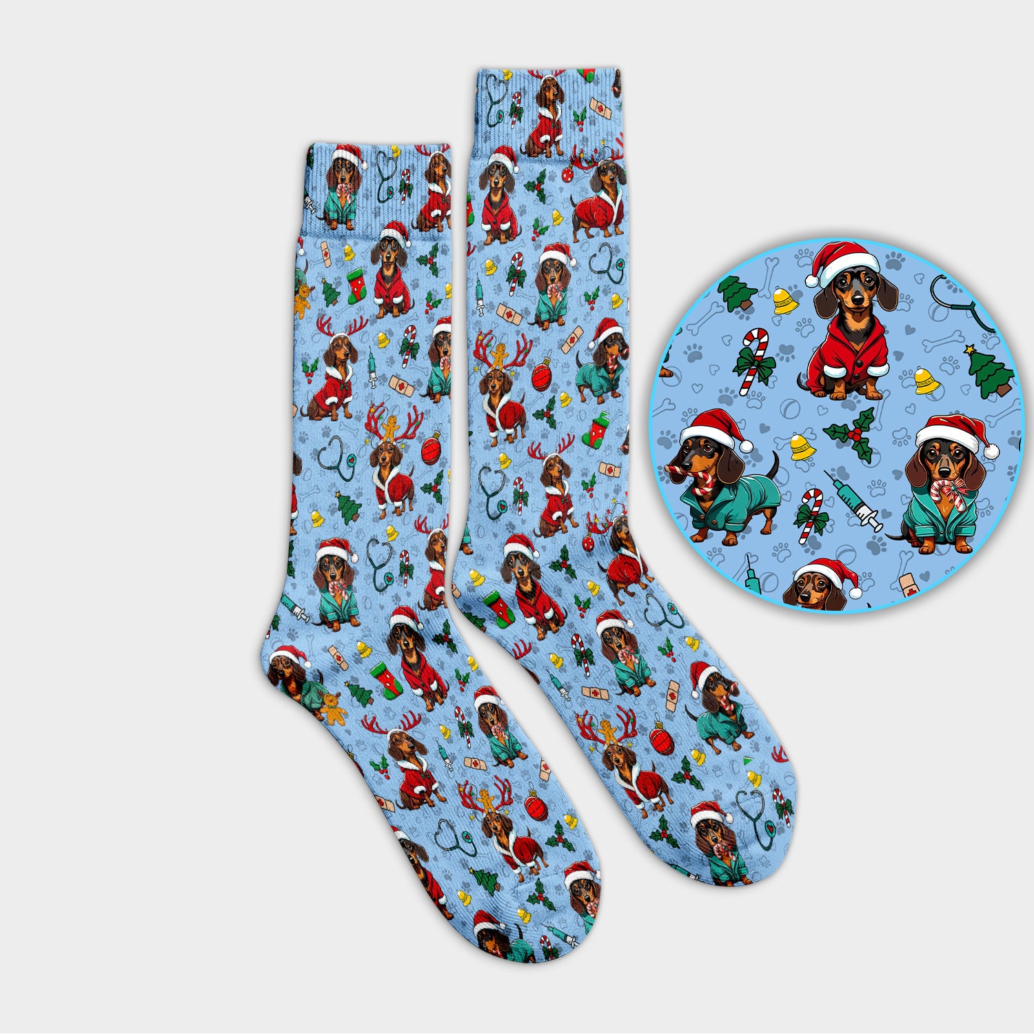 Christmas Dachshund Socks for Nurse Doctor - Cute Sausage Dog Funny Reindeer & Santa Adult Socks for Men and Women