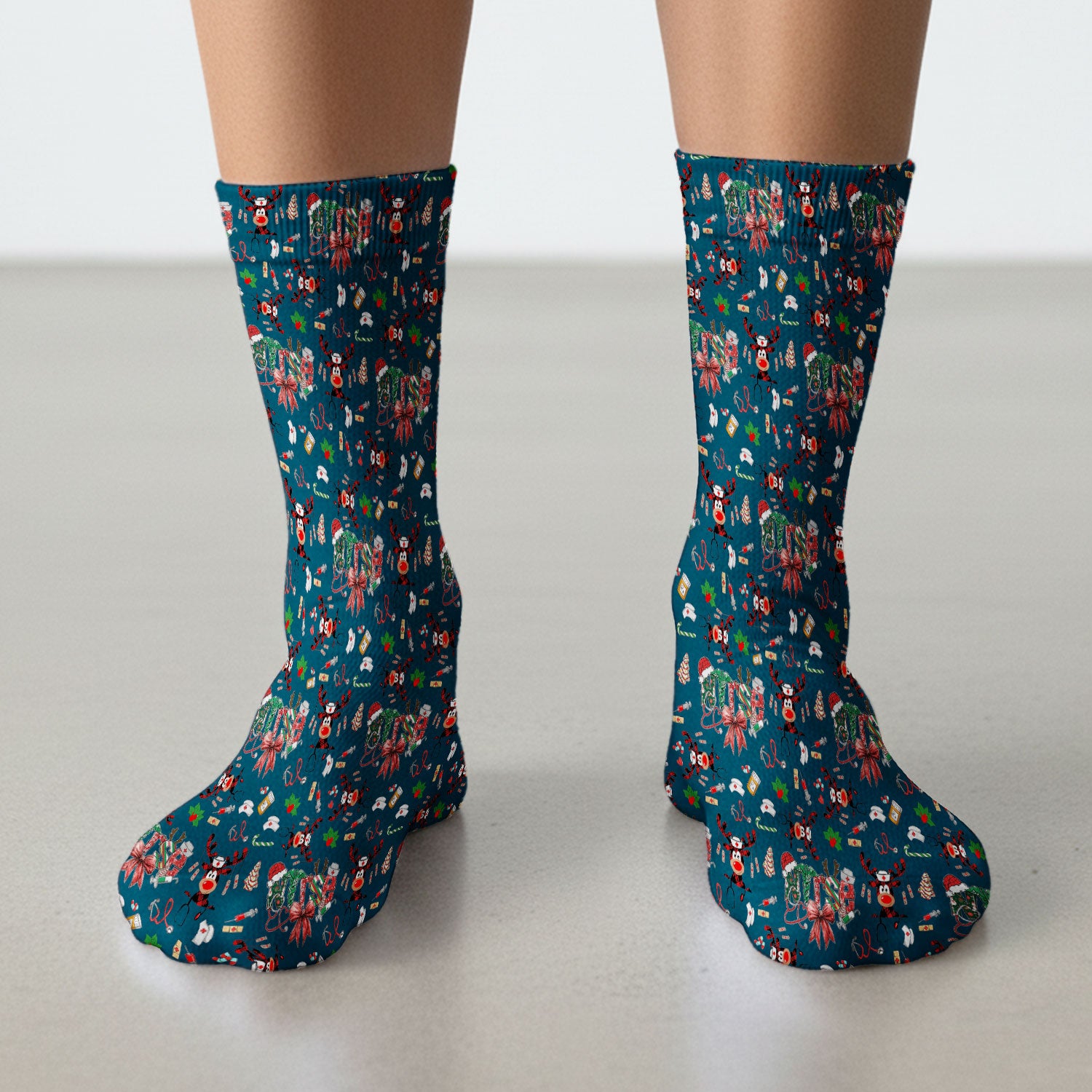 Whimsical Reindeer Christmas Scrub Socks – Festive Holiday Reindeer Pattern – Cute Medical Uniform for Nurses, Vets and Healthcare Workers