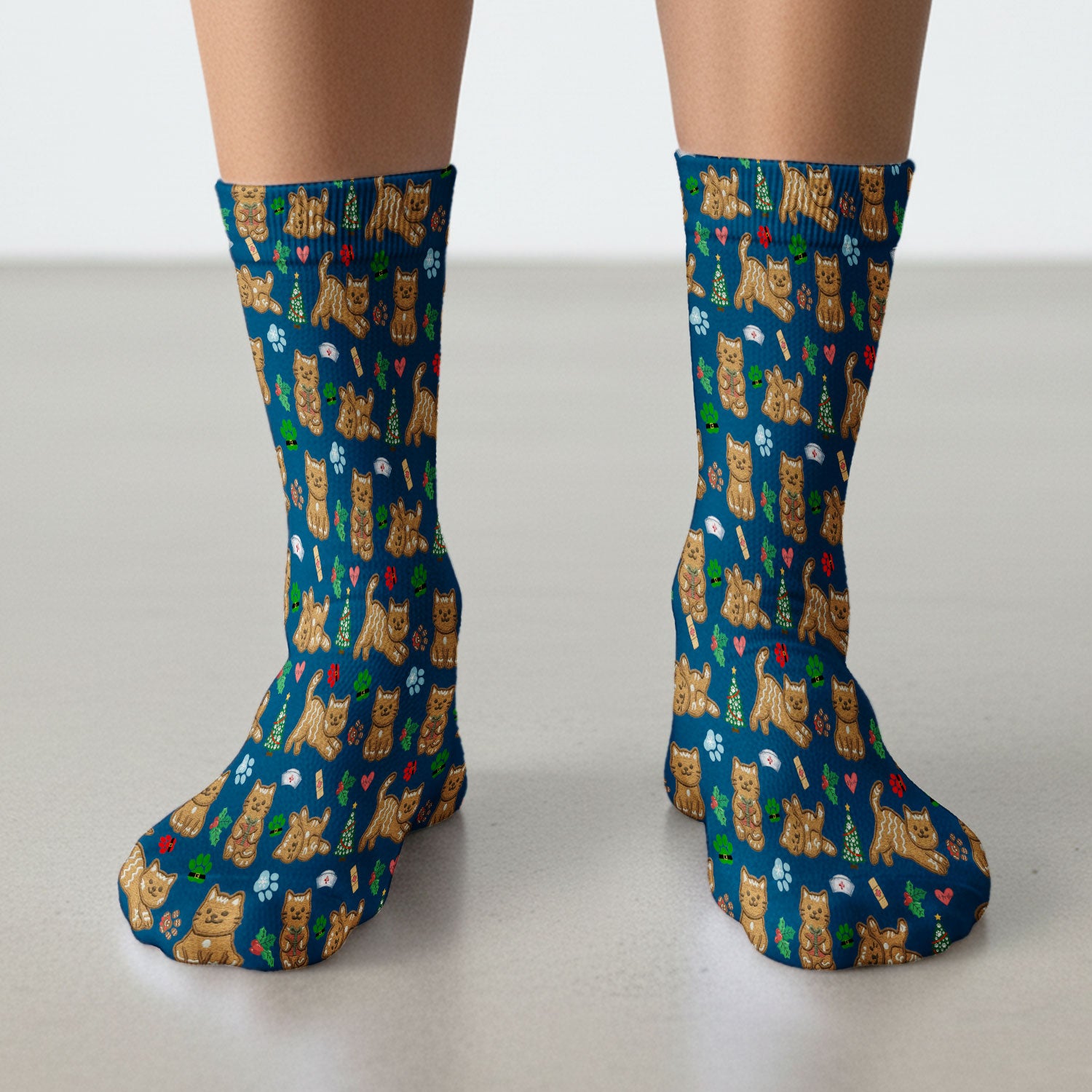 Gingerbread Cat Christmas Scrub Socks, Cute Holiday Kitty Medical Uniform Sock For Nursing, Festive Nurse Pattern