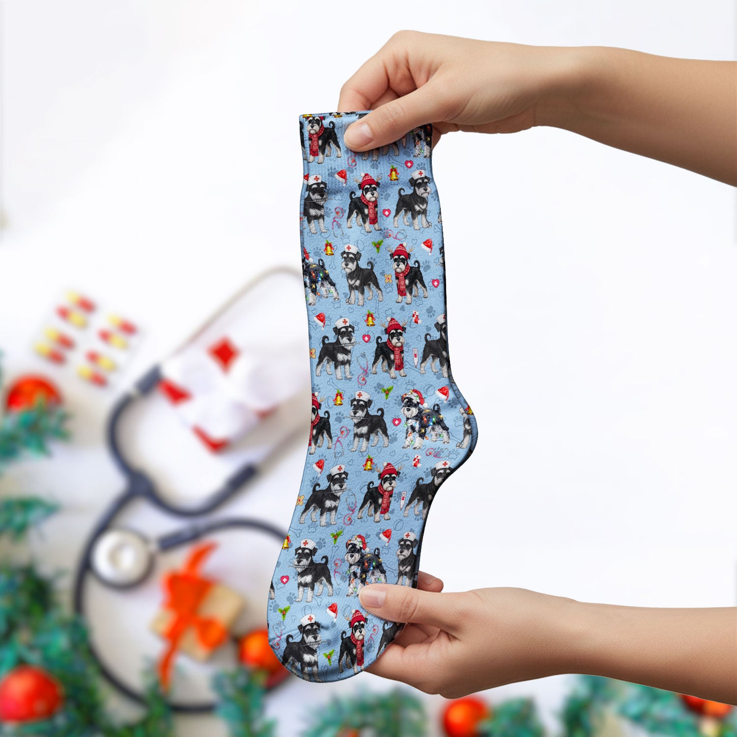 Christmas Schnauzer Socks for Nurse Doctor - Cute Dog Holiday Adult Socks for Men and Women - Breathable Fabrics Medical Uniform