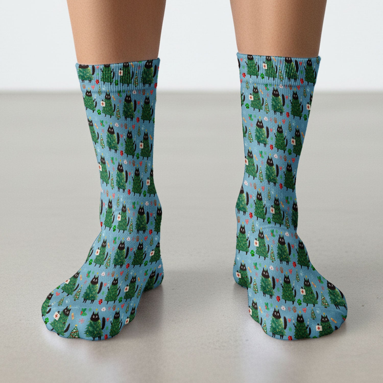 Christmas Nurse Scrub Socks, Xmas Black Cat Pattern Nurse Sock,  Breathable Fabrics Nursing Uniform
