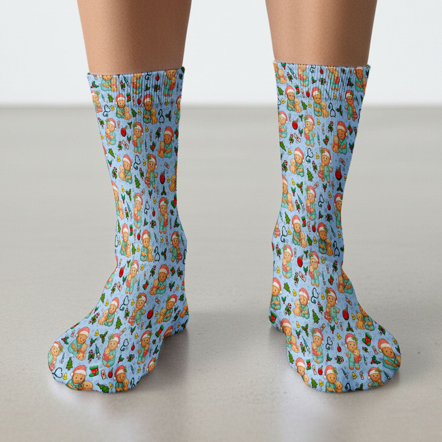 Cute Pharmacy Christmas Socks – Funny Gingerbread Nurse Print Socks – Festive Holiday Medical Uniform for Pharmacy Tech and Doctor