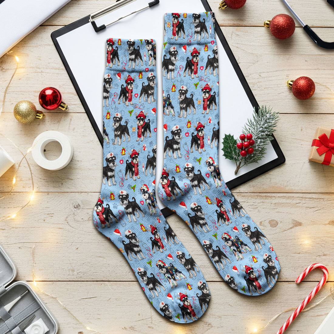 Christmas Schnauzer Socks for Nurse Doctor - Cute Dog Holiday Adult Socks for Men and Women - Breathable Fabrics Medical Uniform