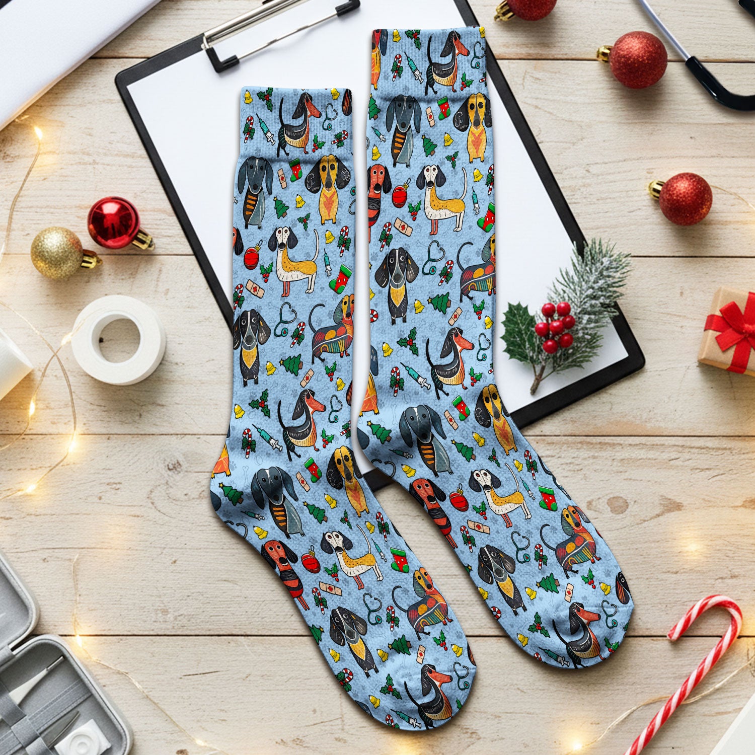 Christmas Wiener Dog Socks for Nurse Doctor - Dachshund Adult Socks for Men and Women - Breathable Fabrics Medical Uniform