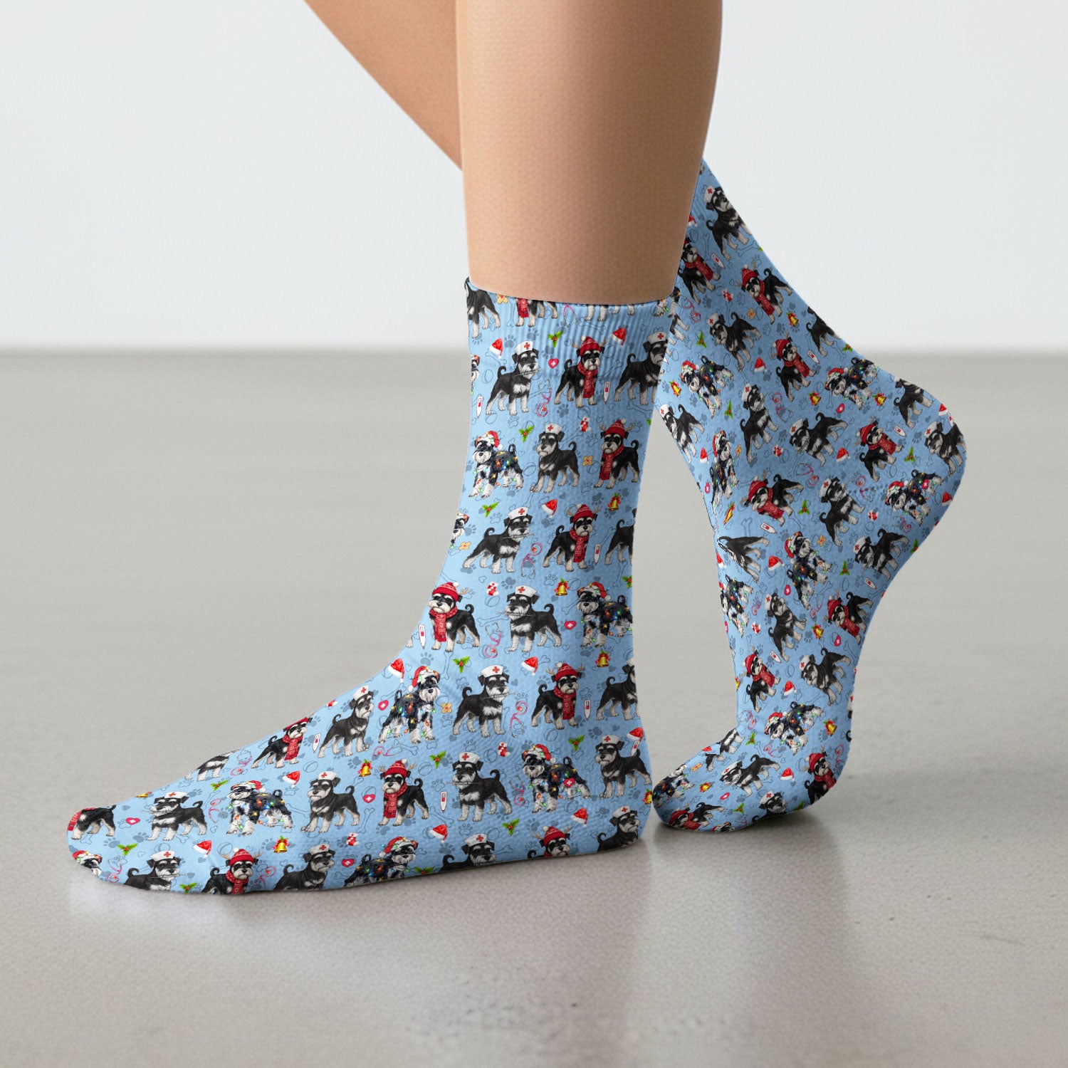 Christmas Schnauzer Socks for Nurse Doctor - Cute Dog Holiday Adult Socks for Men and Women - Breathable Fabrics Medical Uniform