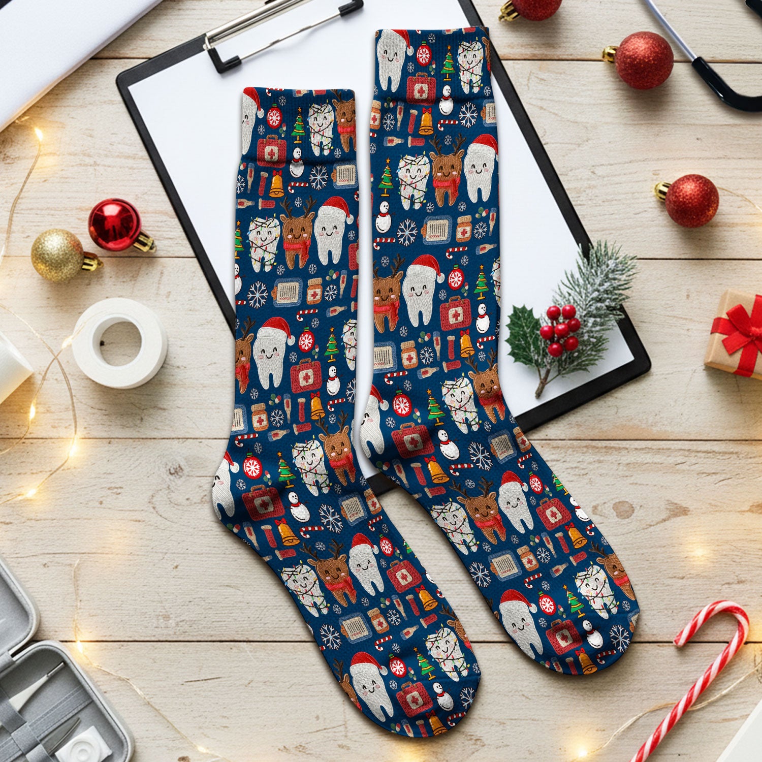 Christmas Dental Socks for Nurse Doctor - Cute Santa & Reindeer Tooth Adult Socks for Men and Women