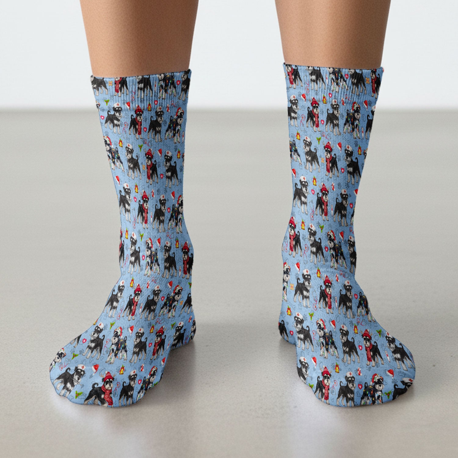 Christmas Schnauzer Socks for Nurse Doctor - Cute Dog Holiday Adult Socks for Men and Women - Breathable Fabrics Medical Uniform