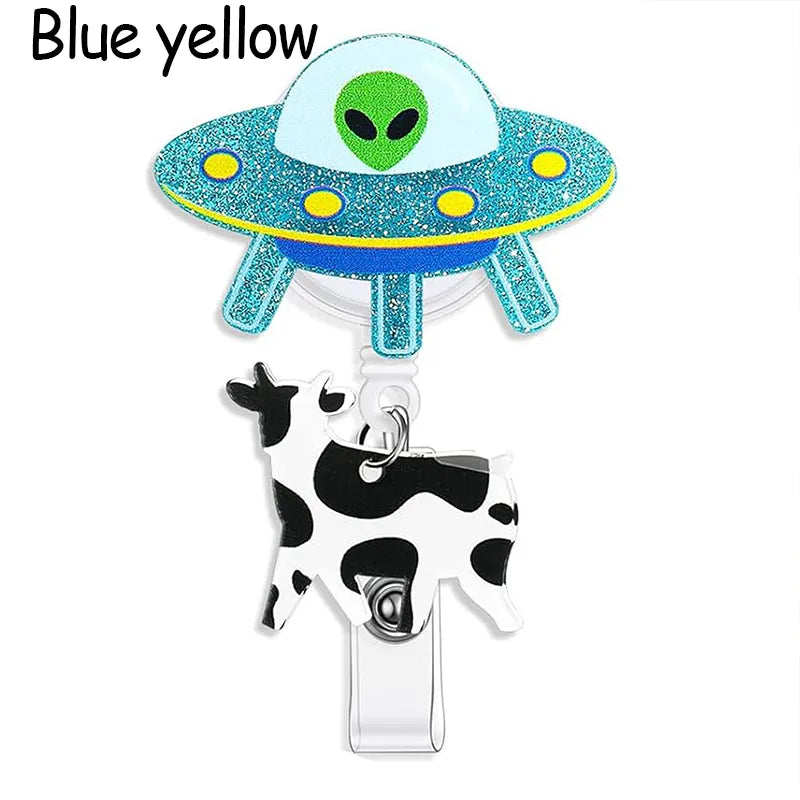 Funny UFO Cow Nurse Badge Reel, Cute Retractable ID Holder for Nurses LPN RN CNA ER, Alien Abduction Badge Clip