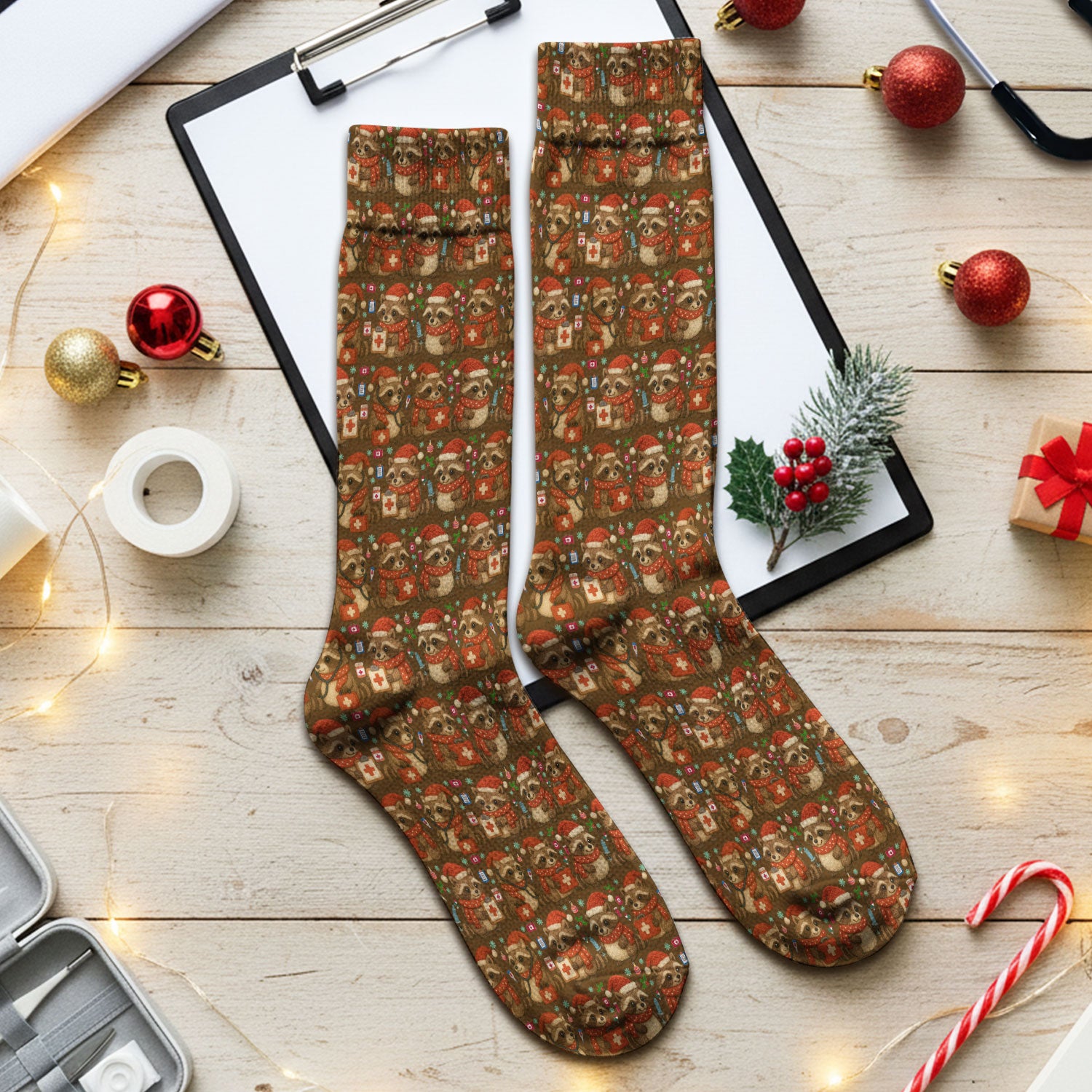 Christmas Scrub Socks – Nurse Raccoon Pattern Sock – Cute Medical Uniform For Nursing