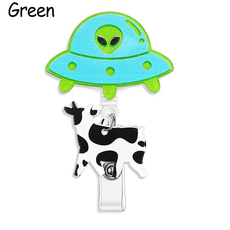 Funny UFO Cow Nurse Badge Reel, Cute Retractable ID Holder for Nurses LPN RN CNA ER, Alien Abduction Badge Clip