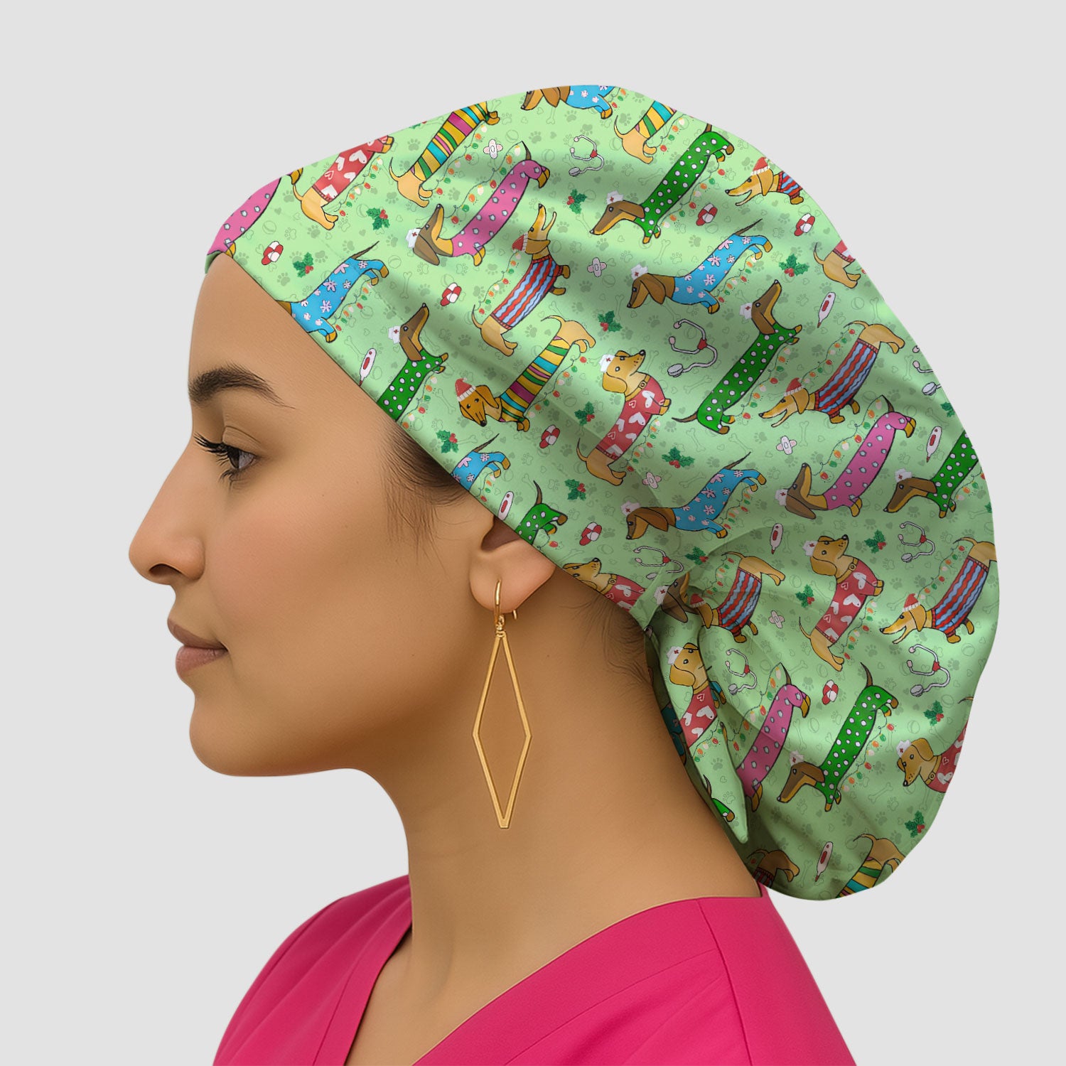 Funny Dachshund Bouffant Scrub Caps for Women - Cute Wiener Dog Holiday Nursing Gift - Puppy Lover Gift