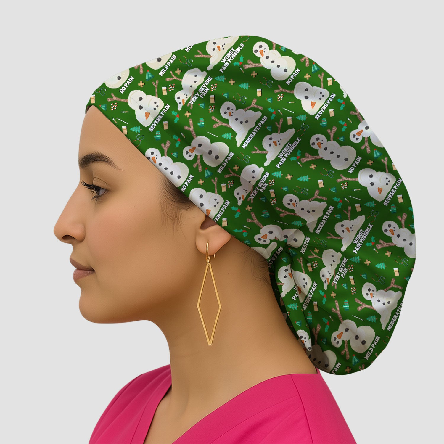 Funny Snowman Pain Scale Bouffant Scrub Caps for Women - Christmas Holiday Nursing Gift