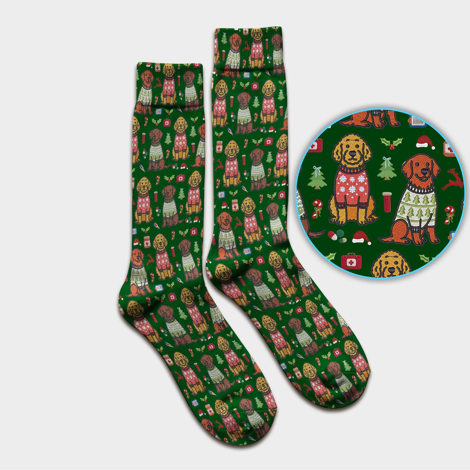Golden Retriever Christmas Scrub Socks, Cute Holiday Dog Nurse Pattern Sock, Breathable Fabrics Nursing Uniform