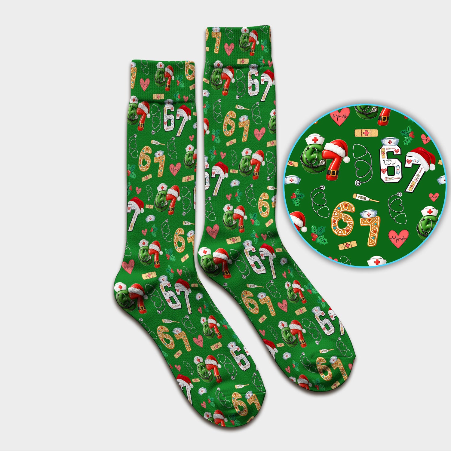 Christmas Nurse 67 Pattern Scrub Socks, Cute Holiday Medical Sock With Santa Hat, Uniform For Nursing