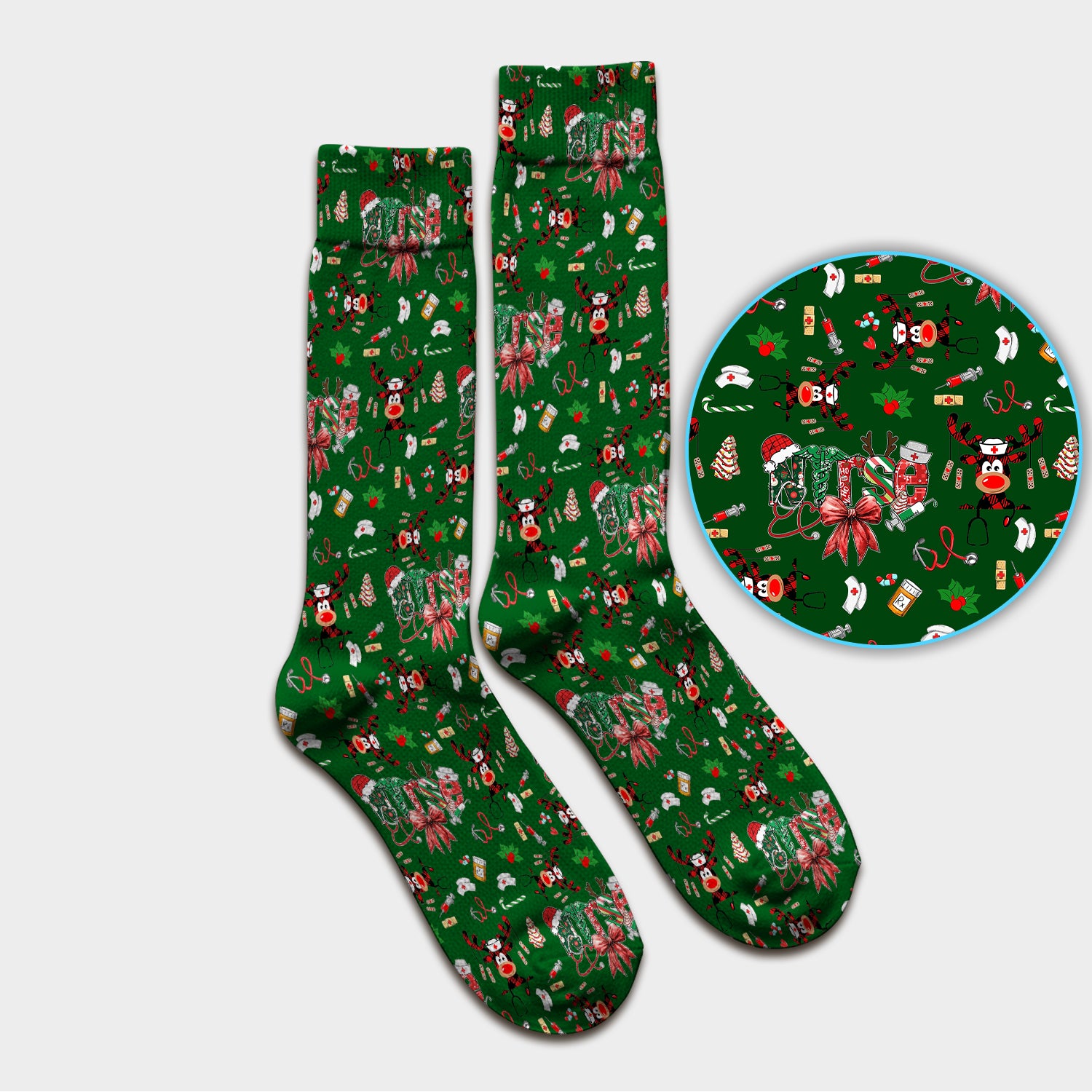 Whimsical Reindeer Christmas Scrub Socks – Festive Holiday Reindeer Pattern – Cute Medical Uniform for Nurses, Vets and Healthcare Workers