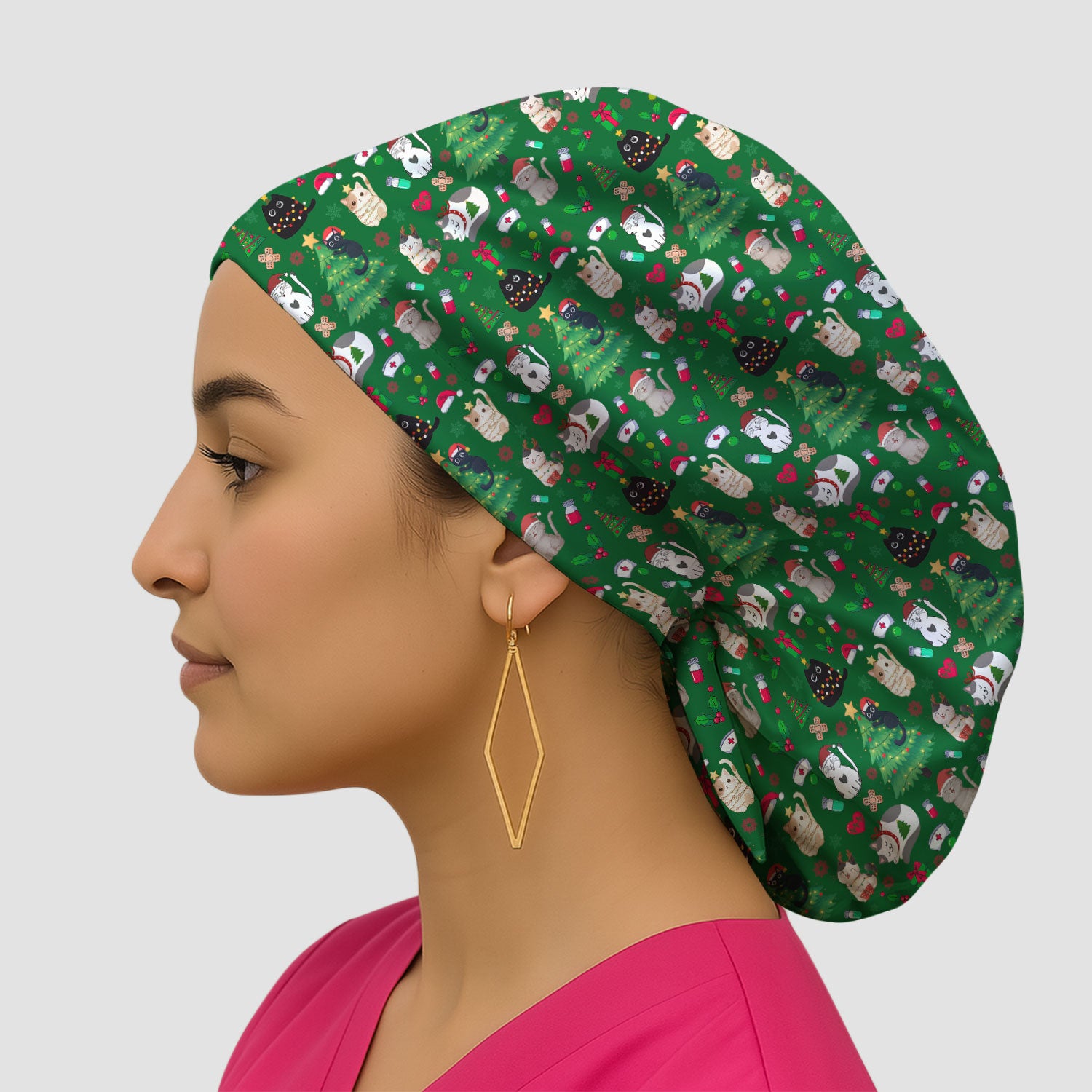 Christmas Cat Scrub Hat, Xmas Pet Pattern Scrub Cap, Breathable Fabrics Nursing Uniform