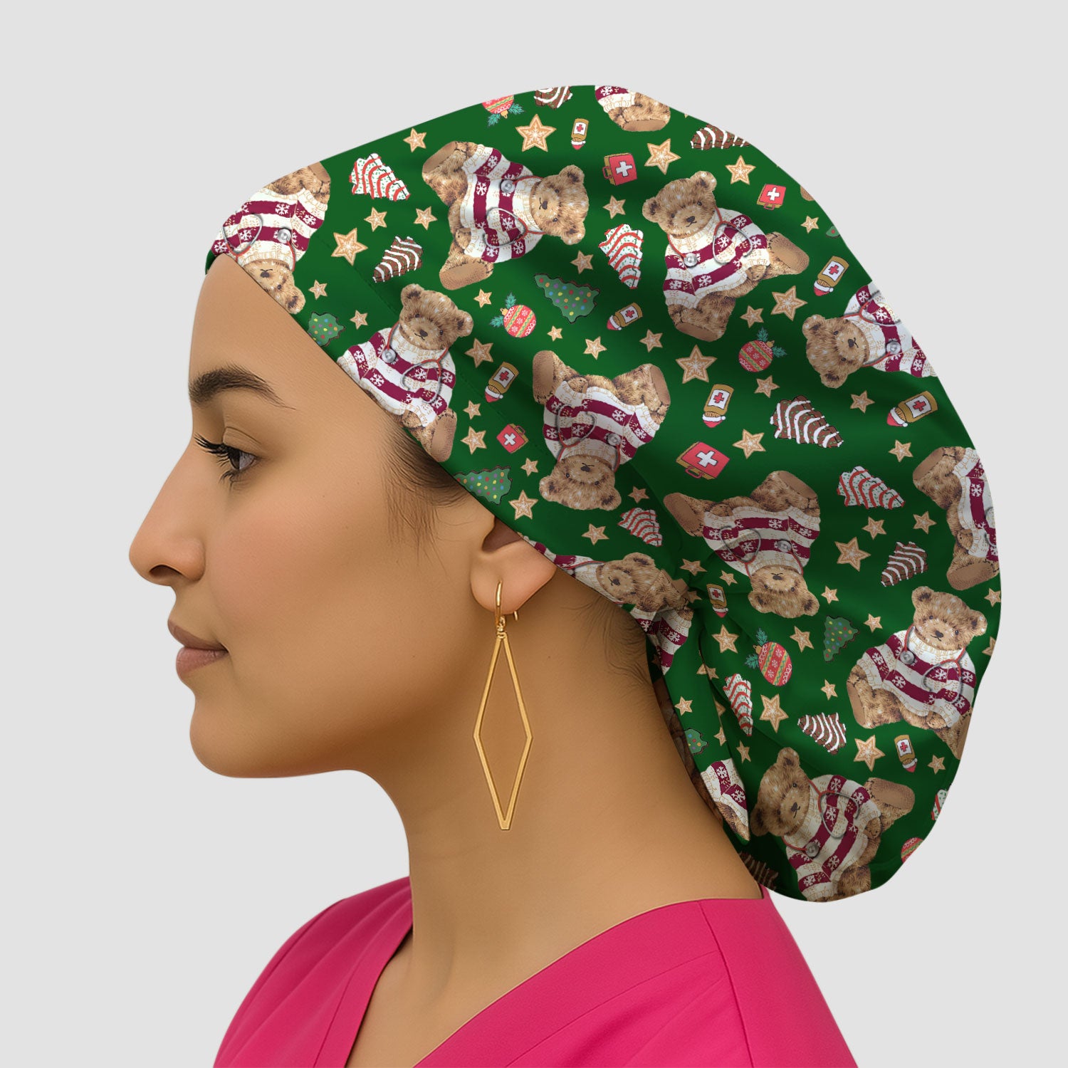 Teddy Bear Christmas Bouffant Scrub Caps for Women - Festive Holiday Nursing Gift - Breathable Fabrics Caps Uniform