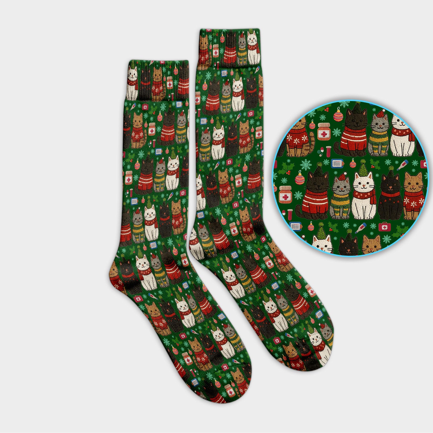 Christmas Cat Nurse Socks, Funny Holiday Medical Socks, Cute RN Gift For Nurses, Cat Lover Xmas Socks