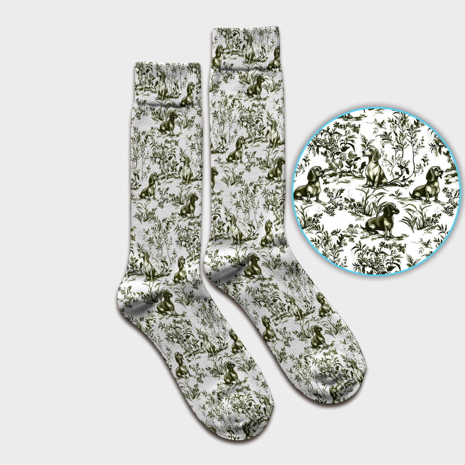 Toile de Jouy Dog Scrub Socks – Elegant Blue Dachshund Pattern – Cute Medical Uniform for Nurses, Vets, and Animal Care Workers