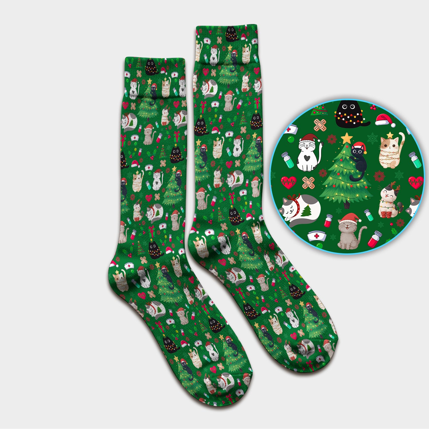 Christmas Cat Scrub Socks, Xmas Pet Pattern Scrub Sock, Breathable Fabrics Nursing Uniform