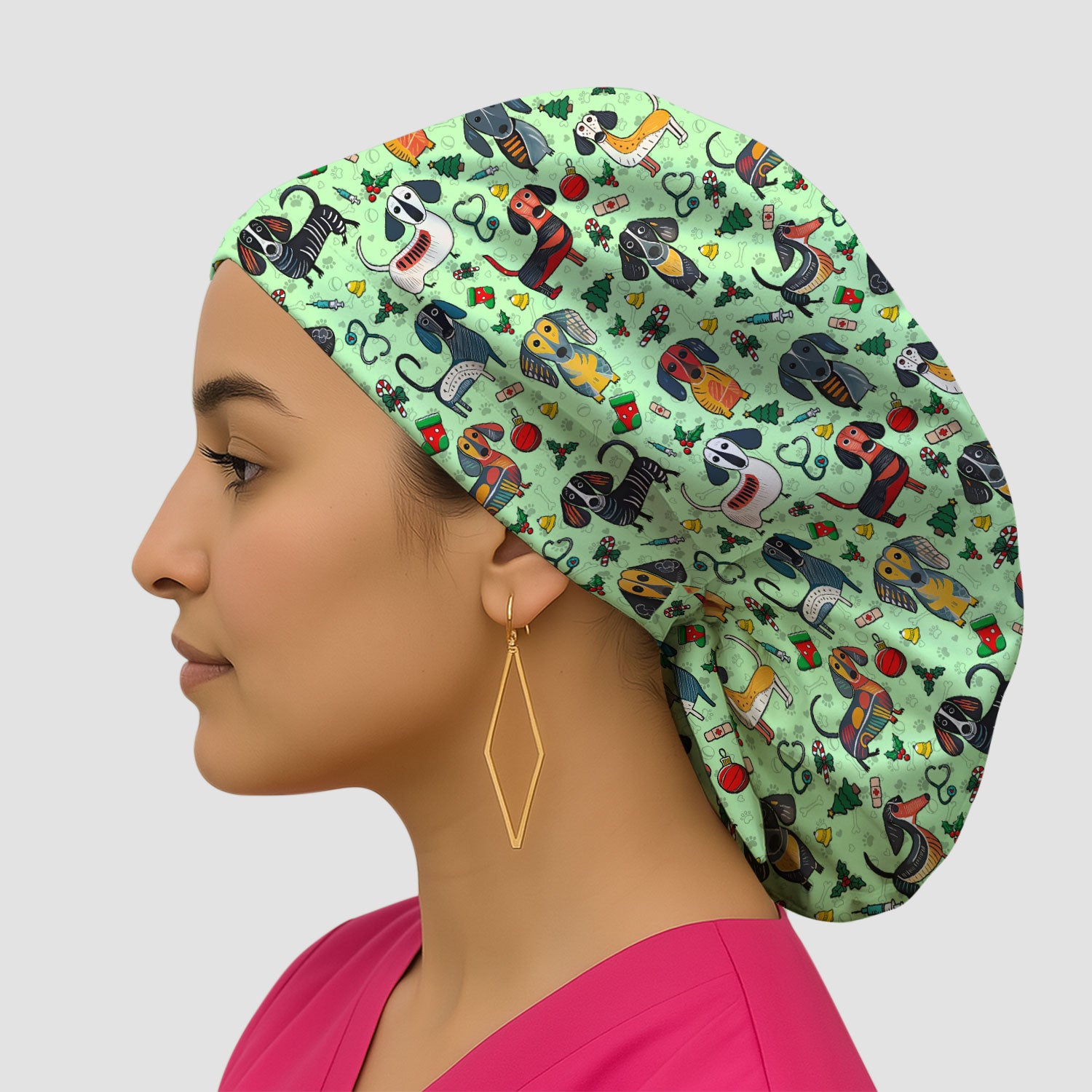 Christmas Wiener Dog Bouffant Scrub Caps for Women - Dachshund Holiday Nursing Gift - Breathable Fabrics Caps Uniform