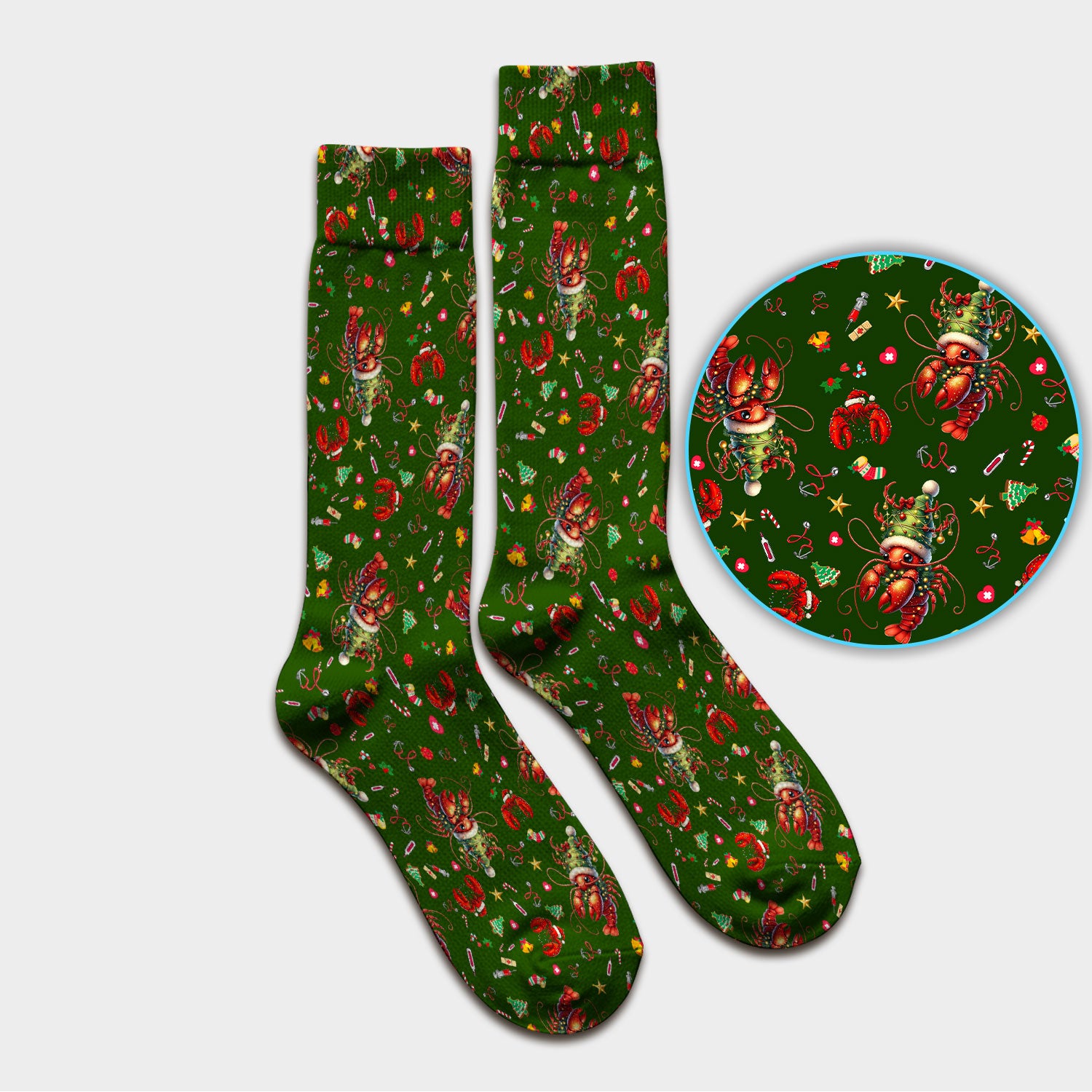 Whimsical Crawfish Christmas Scrub Socks – Southern Christmas Cajun Holiday Crawfish Pattern – Cute Medical Uniform for Nurses, Vets And Healthcare Workers
