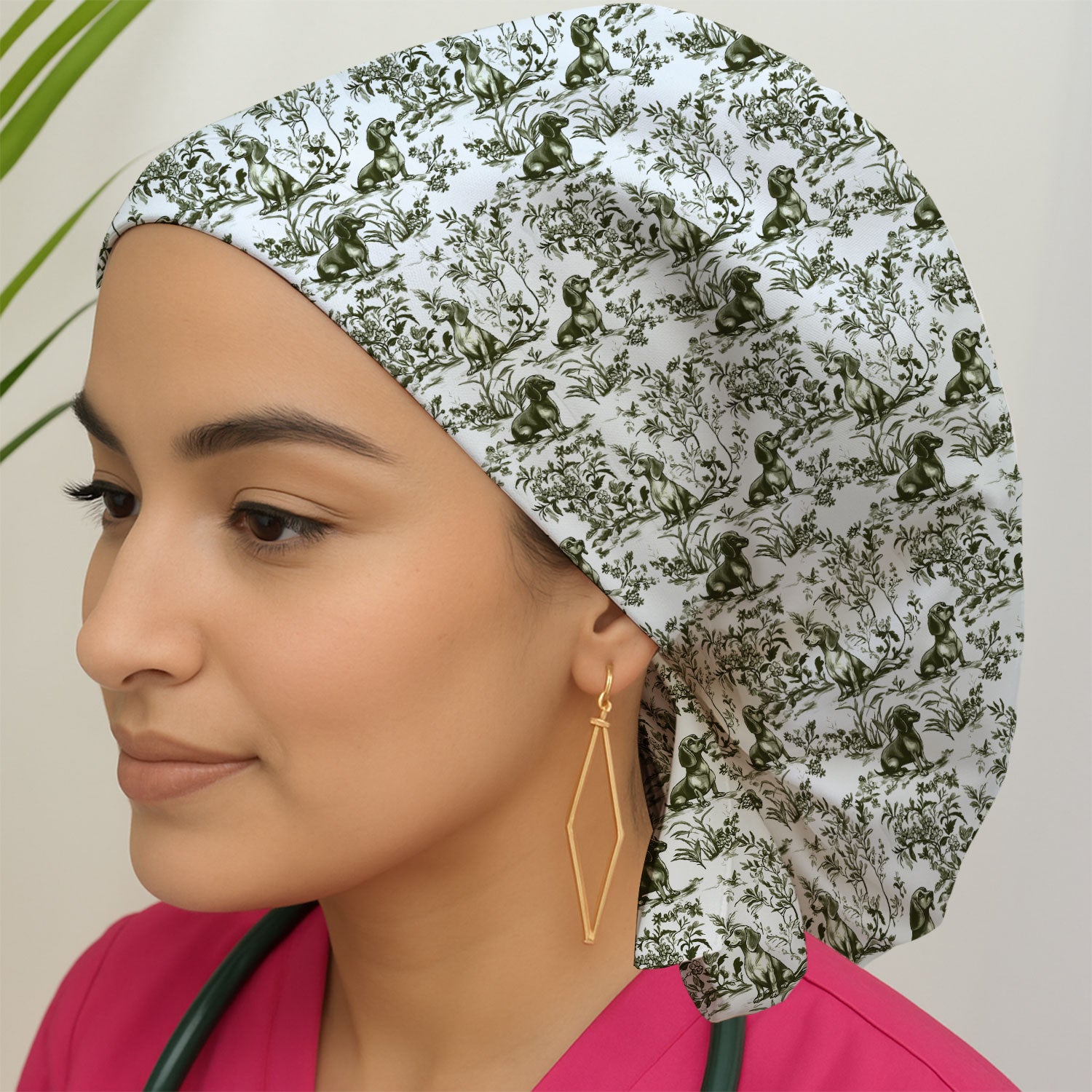 Toile de Jouy Dog Scrub Cap – Elegant Blue Dachshund Pattern – Cute Medical Uniform for Nurses, Vets, and Animal Care Workers
