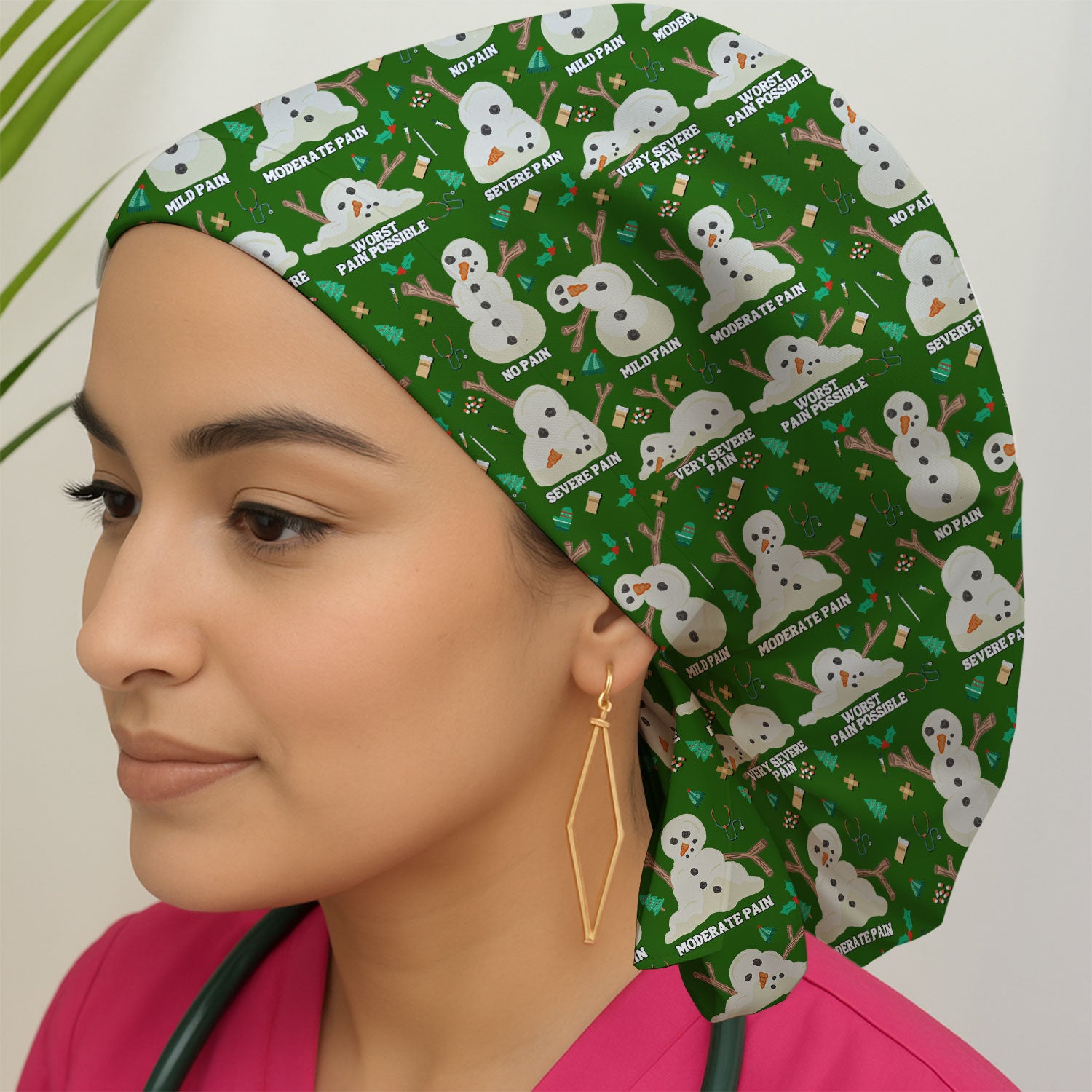 Funny Snowman Pain Scale Bouffant Scrub Caps for Women - Christmas Holiday Nursing Gift