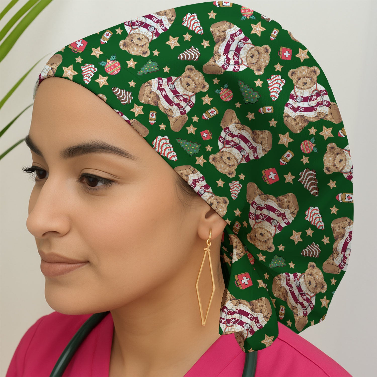 Teddy Bear Christmas Bouffant Scrub Caps for Women - Festive Holiday Nursing Gift - Breathable Fabrics Caps Uniform
