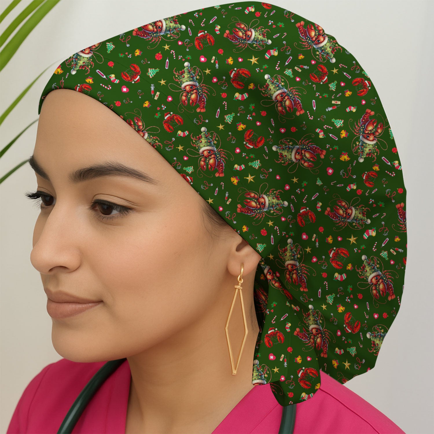 Whimsical Crawfish Christmas Scrub Cap – Southern Christmas Cajun Holiday Crawfish Pattern – Cute Medical Uniform for Nurses, Vets And Healthcare Workers