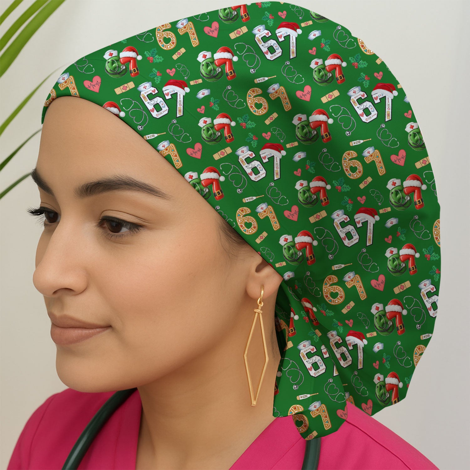Christmas Nurse 67 Pattern Scrub Cap, Cute Holiday Medical Hat With Santa Hat, Uniform For Nursing