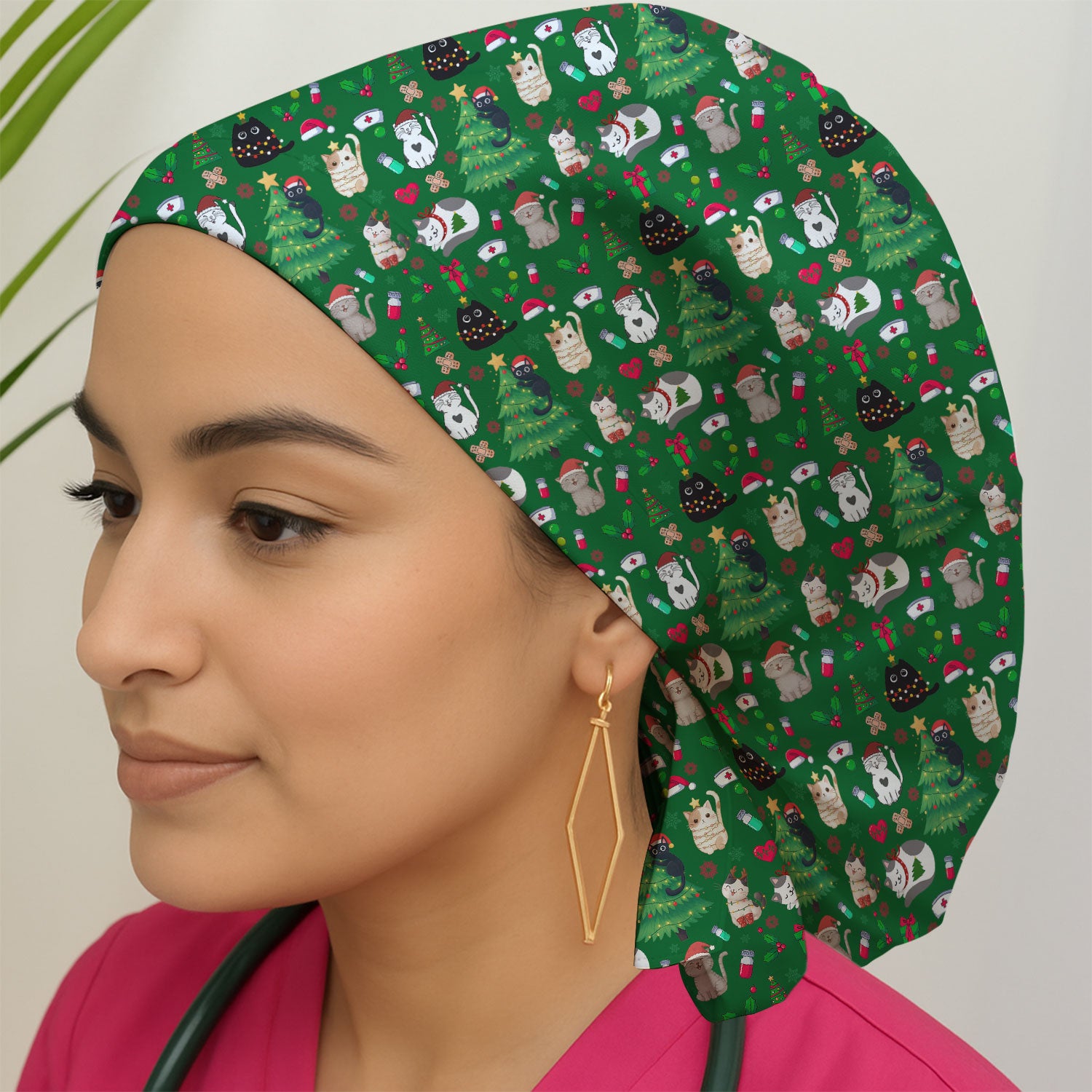 Christmas Cat Scrub Hat, Xmas Pet Pattern Scrub Cap, Breathable Fabrics Nursing Uniform