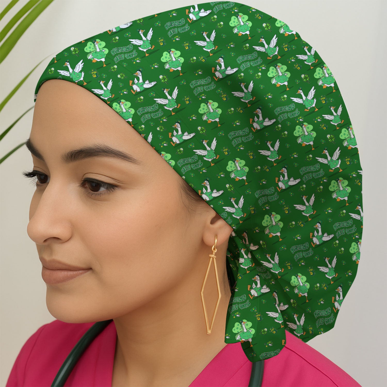 Silly Goose St. Patrick’s Day Scrub Cap, Funny Goose Shamrock Pattern Nurse Scrub Hat, Irish Green Nursing Uniform