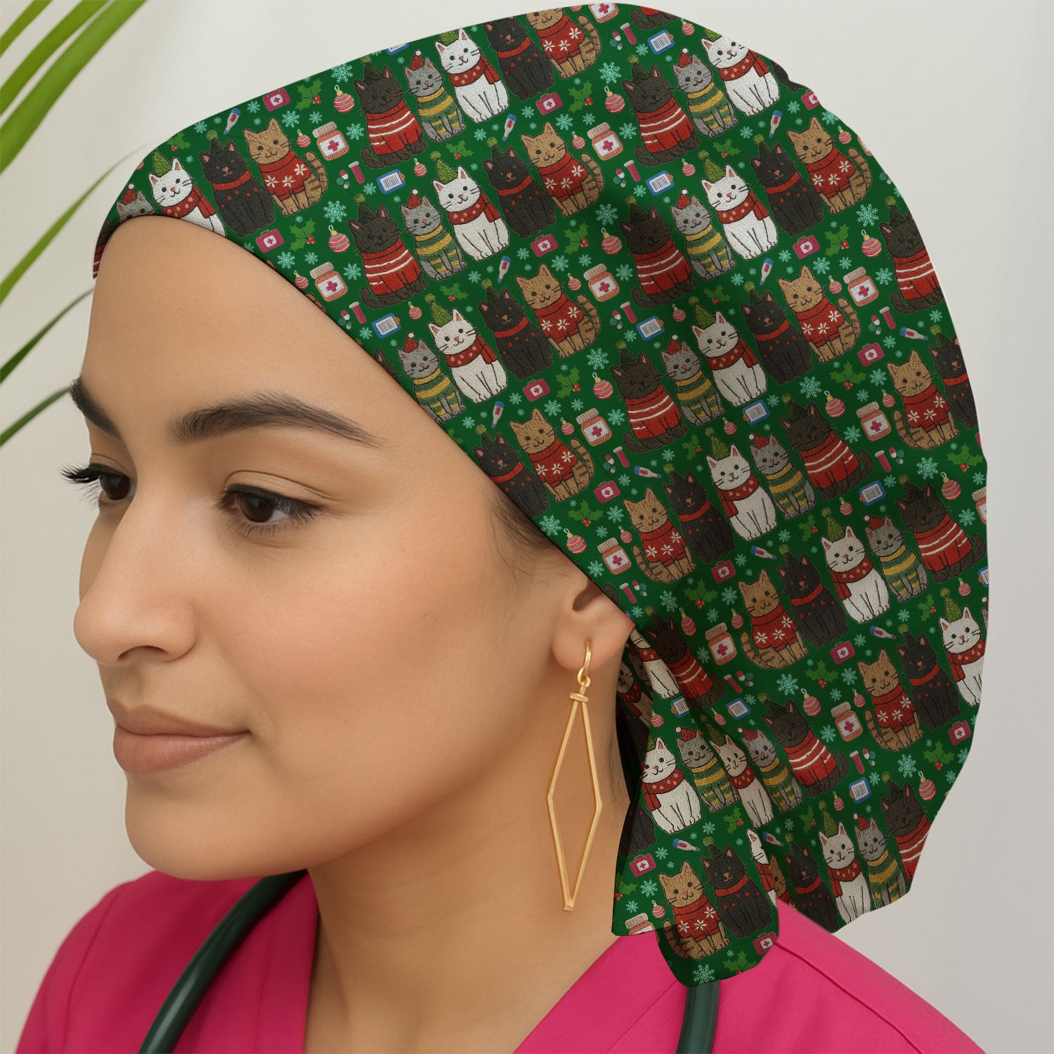 Christmas Cat Bouffant Scrub Cap For Women, Festive Hat for Nurses, Cute Cat Lover Gift For Her