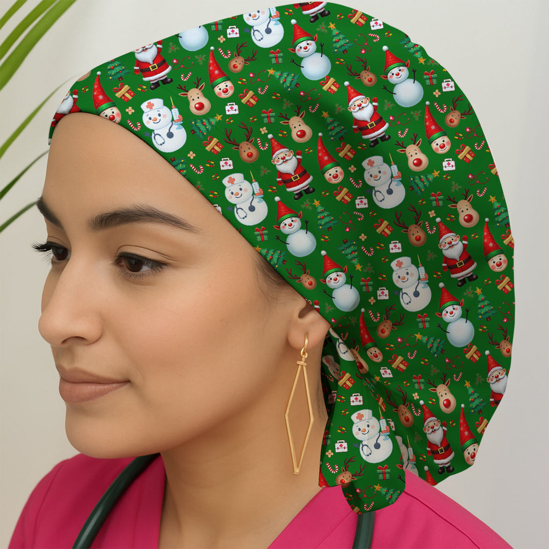 Christmas Bouffant Scrub Caps for Women - Cute Snowman Reindeer Santa Surgical Caps for Doctors - Breathable Fabrics Caps Uniform